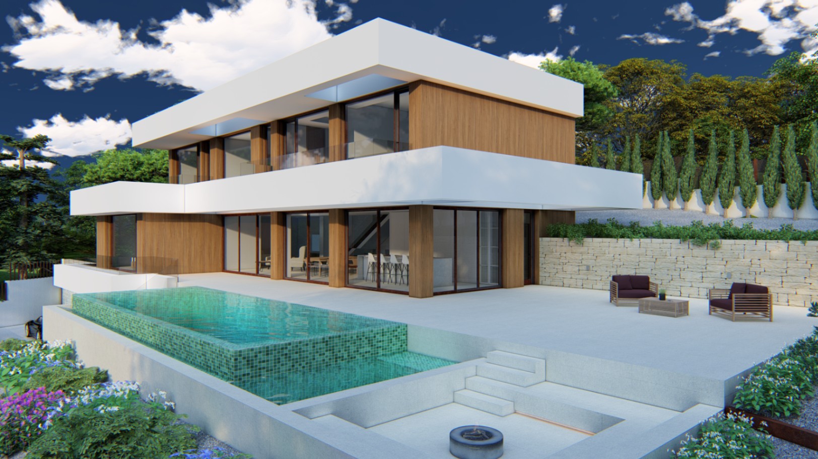 Moderne villa met houten gevelbekleding, een overloopzwembad met turquoise mozaïek en een verzonken vuurplaats op het ruime terras.