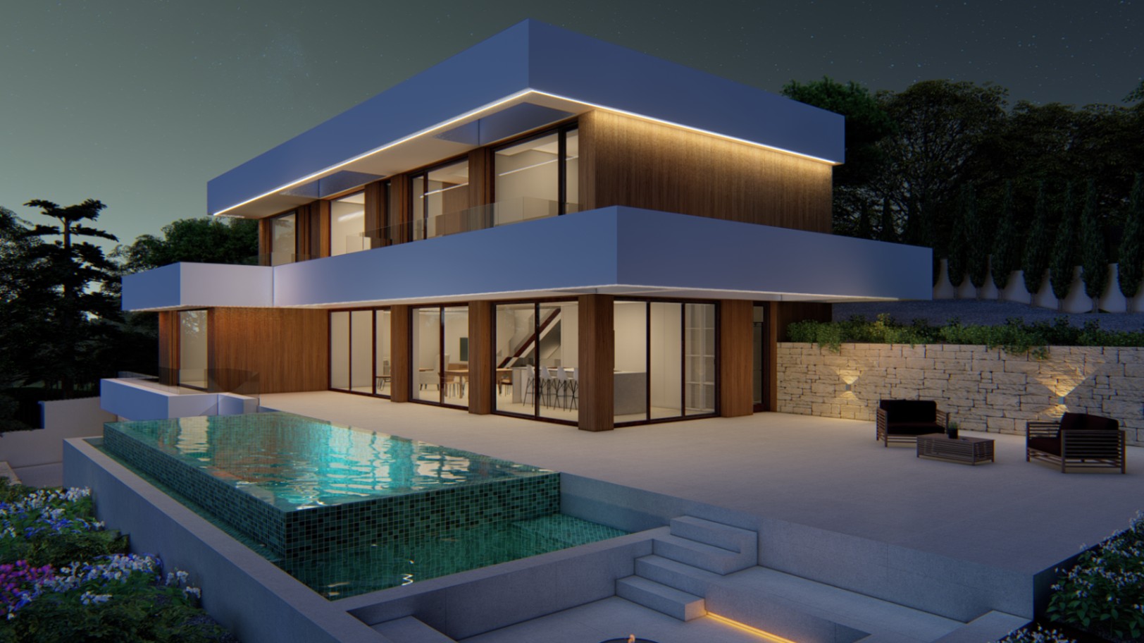 Nachtzicht van de villa met houten gevelbekleding, overloopzwembad met groene mozaïektegels en een groot terras met geïntegreerde ledverlichting en loungehoek.