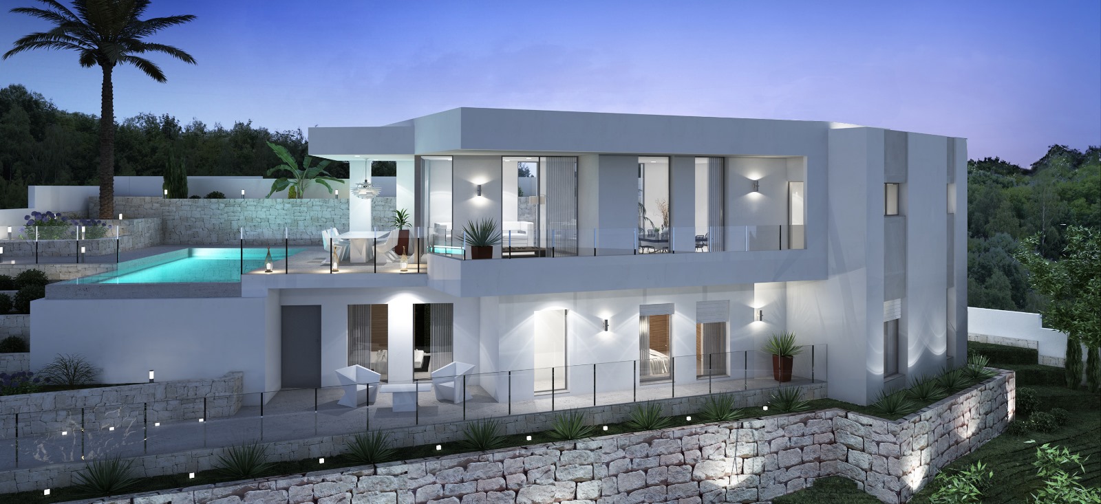 Exterieur van de moderne villa bij schemering met witte gevel, natuurstenen muren, verlicht overloopzwembad en terrassen met glazen balustrades over twee verdiepingen.