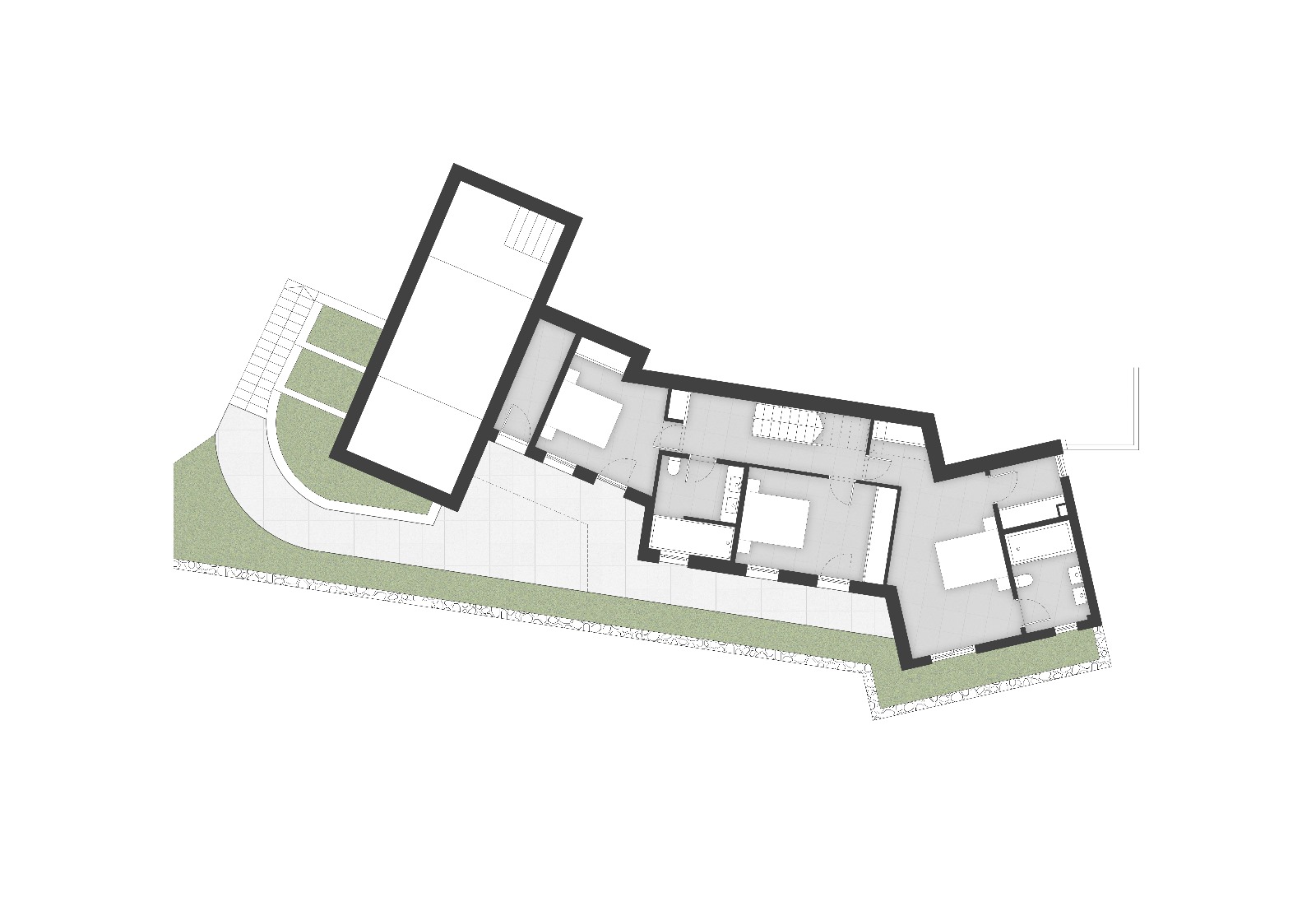 Gedetailleerde plattegrond van de benedenverdieping met de indeling van drie slaapkamers, twee badkamers en toegang tot het terras.