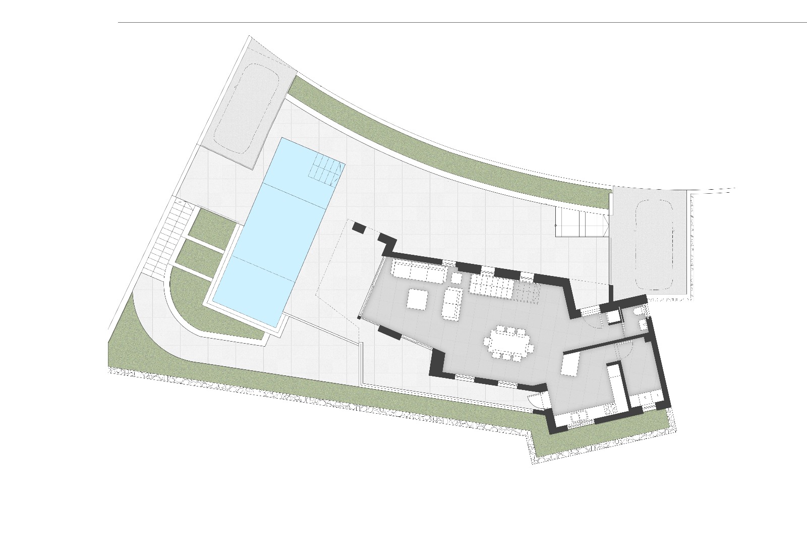 Gedetailleerde plattegrond van de bovenverdieping met een open woonkamer, geïntegreerde keuken en een groot terras met overloopzwembad.