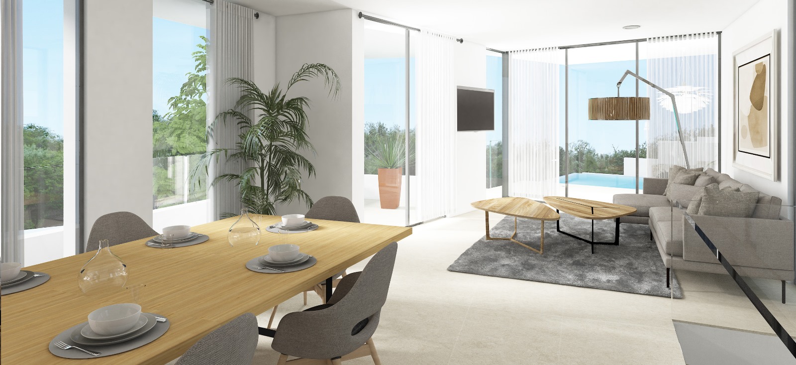 Lichte open woon- en eetruimte met een houten eettafel, modern meubilair en kamerhoge schuifpuien die toegang bieden tot het terras en zwembad.