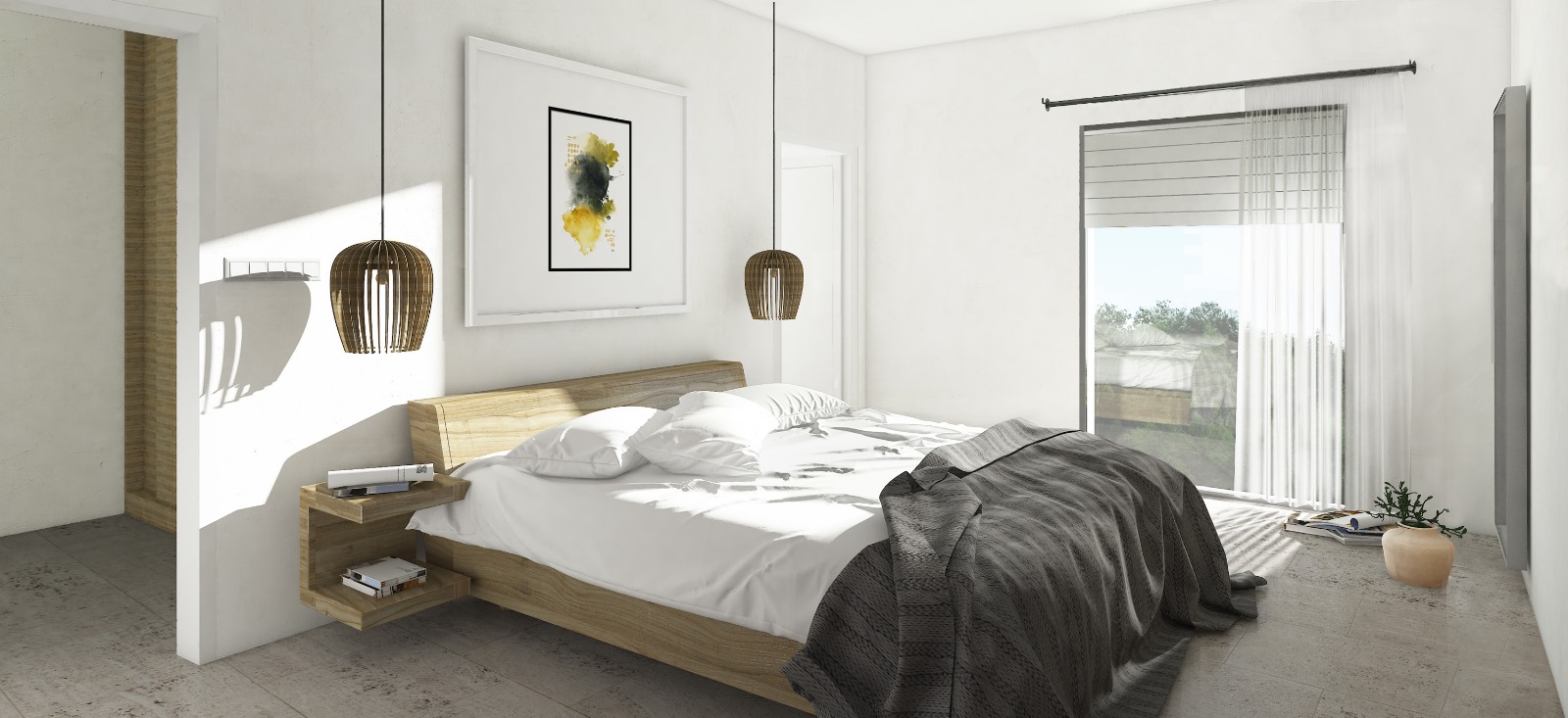 Moderne slaapkamer met houten bedframe, geïntegreerde zwevende nachtkastjes en design hanglampen. Grote raampartij zorgt voor natuurlijk licht en uitzicht op de tuin.