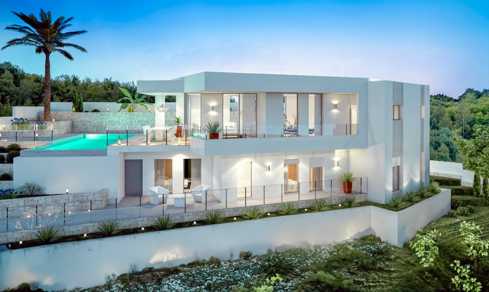 Moderne villa met twee verdiepingen, een overloopzwembad op het bovenste niveau, glazen balustrades en sfeervolle buitenverlichting bij de natuurstenen muren.