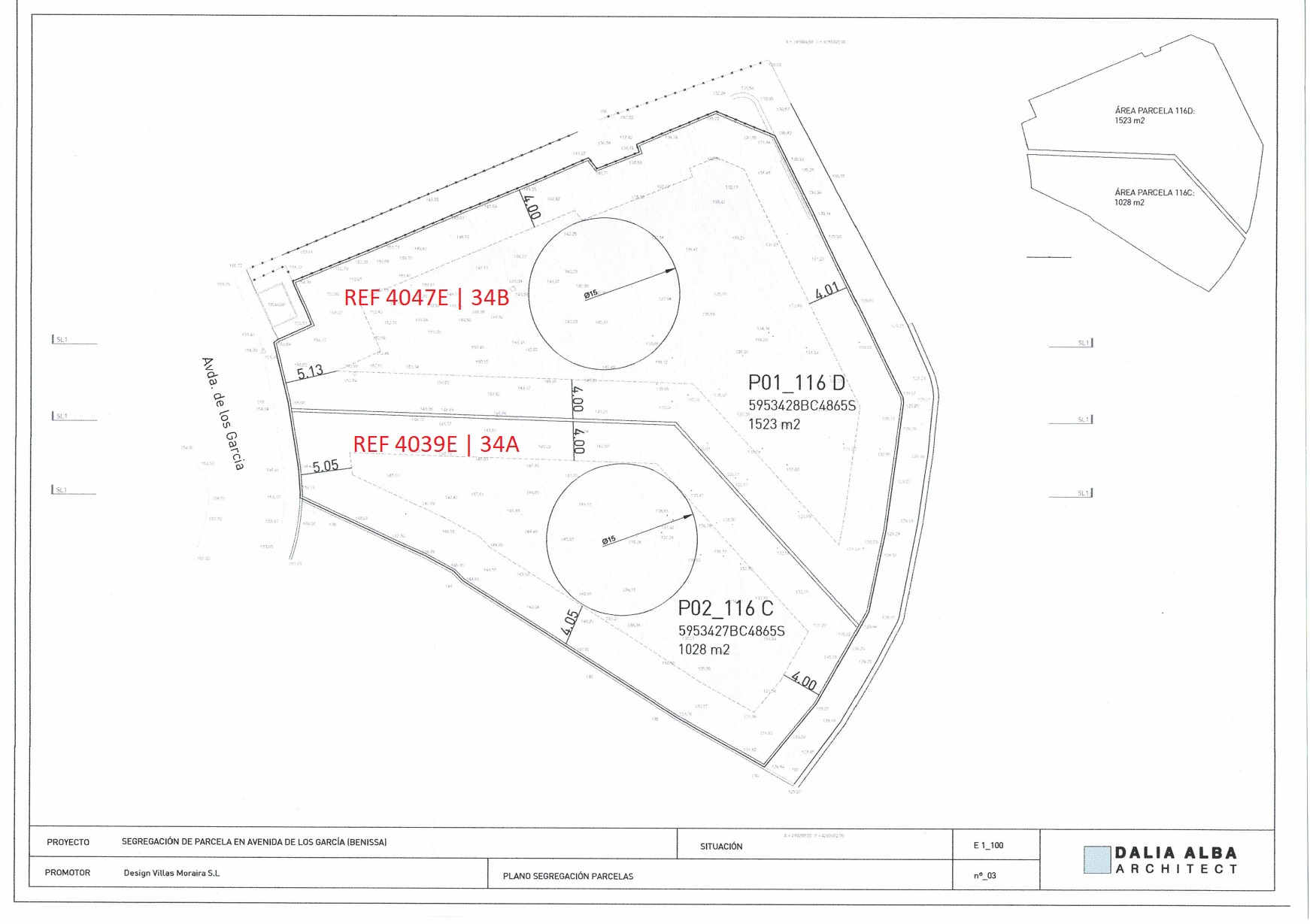 Technisch verkavelingsplan aan de Avenida de los García, met weergave van twee percelen van 1523 m² en 1028 m² inclusief afmetingen en referentienummers.