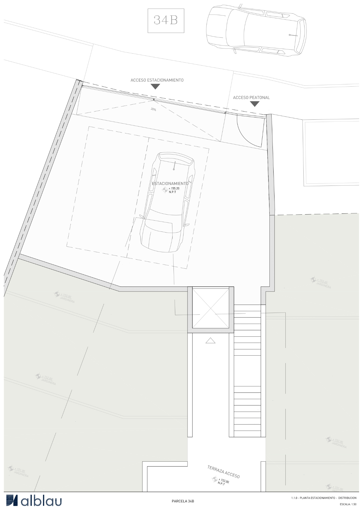 Technische plattegrond van het parkeerniveau met voertuig- en voetgangerstoegang, dubbele parkeerplaats, liftschacht en buitentrap naar de entree.