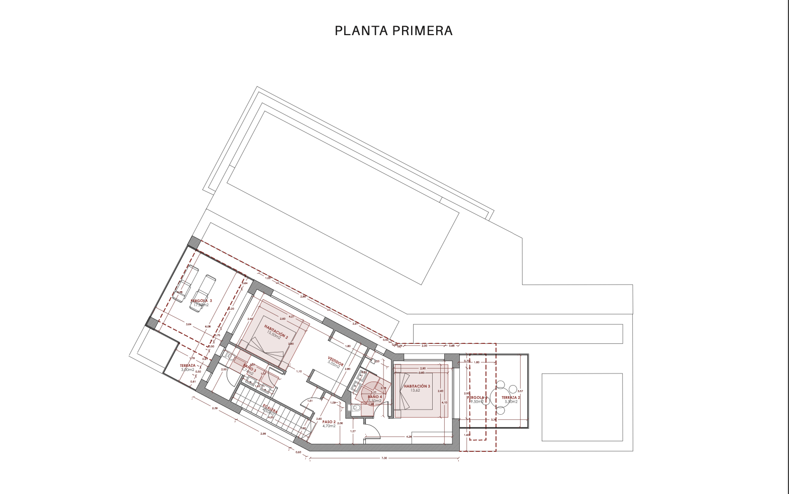Architectonische plattegrond van de eerste verdieping, met slaapkamers, badkamers, terrassen en algemene indeling.