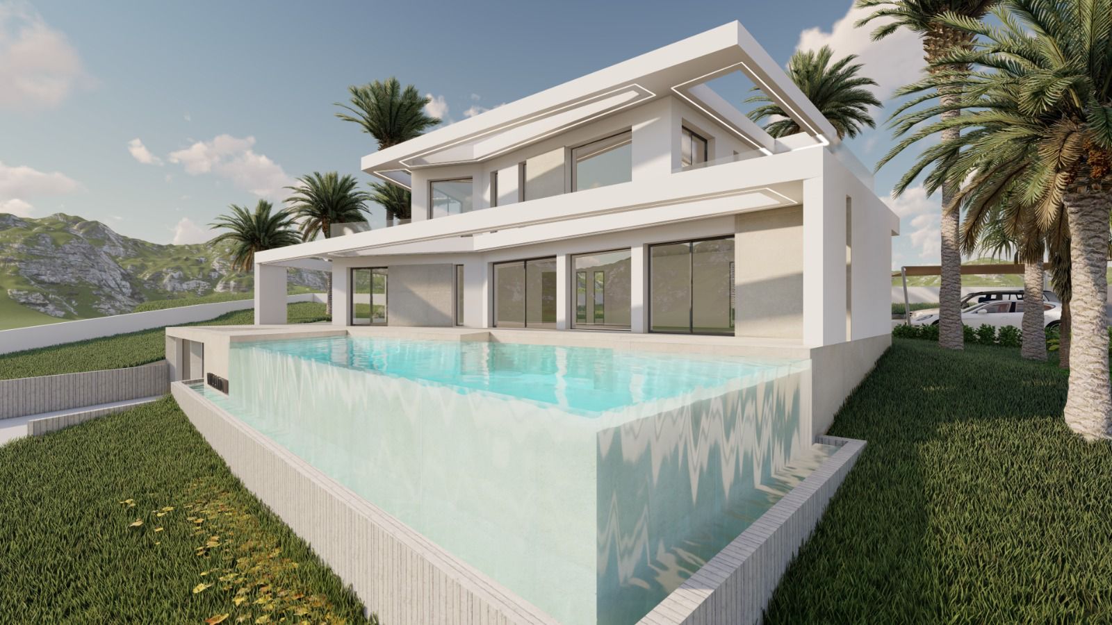 Buitenaanzicht van een moderne villa met een overloopzwembad en minimalistisch design, omgeven door palmbomen en groen.