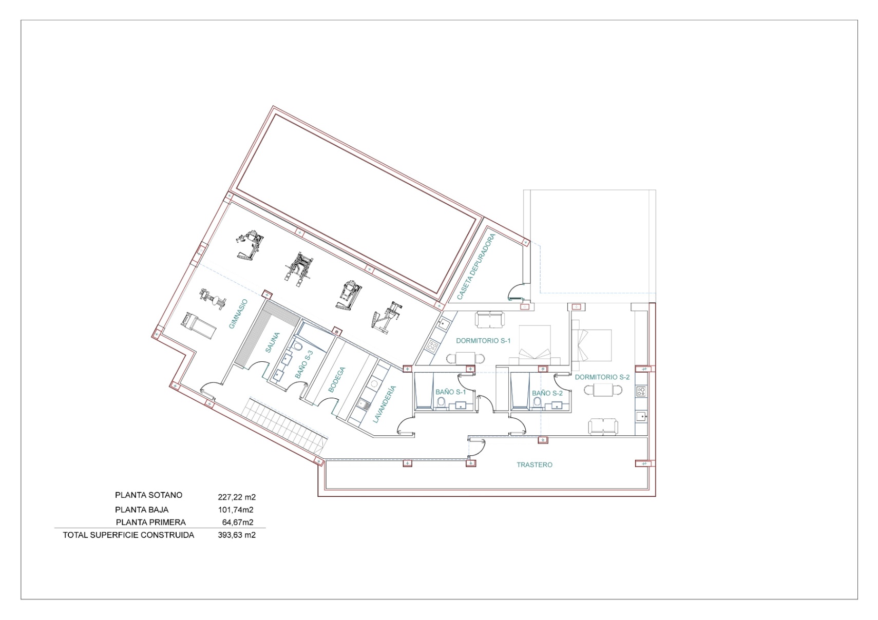 Gedetailleerd architectonisch plan van het souterrain met fitnessruimte, sauna en slaapkamers.
