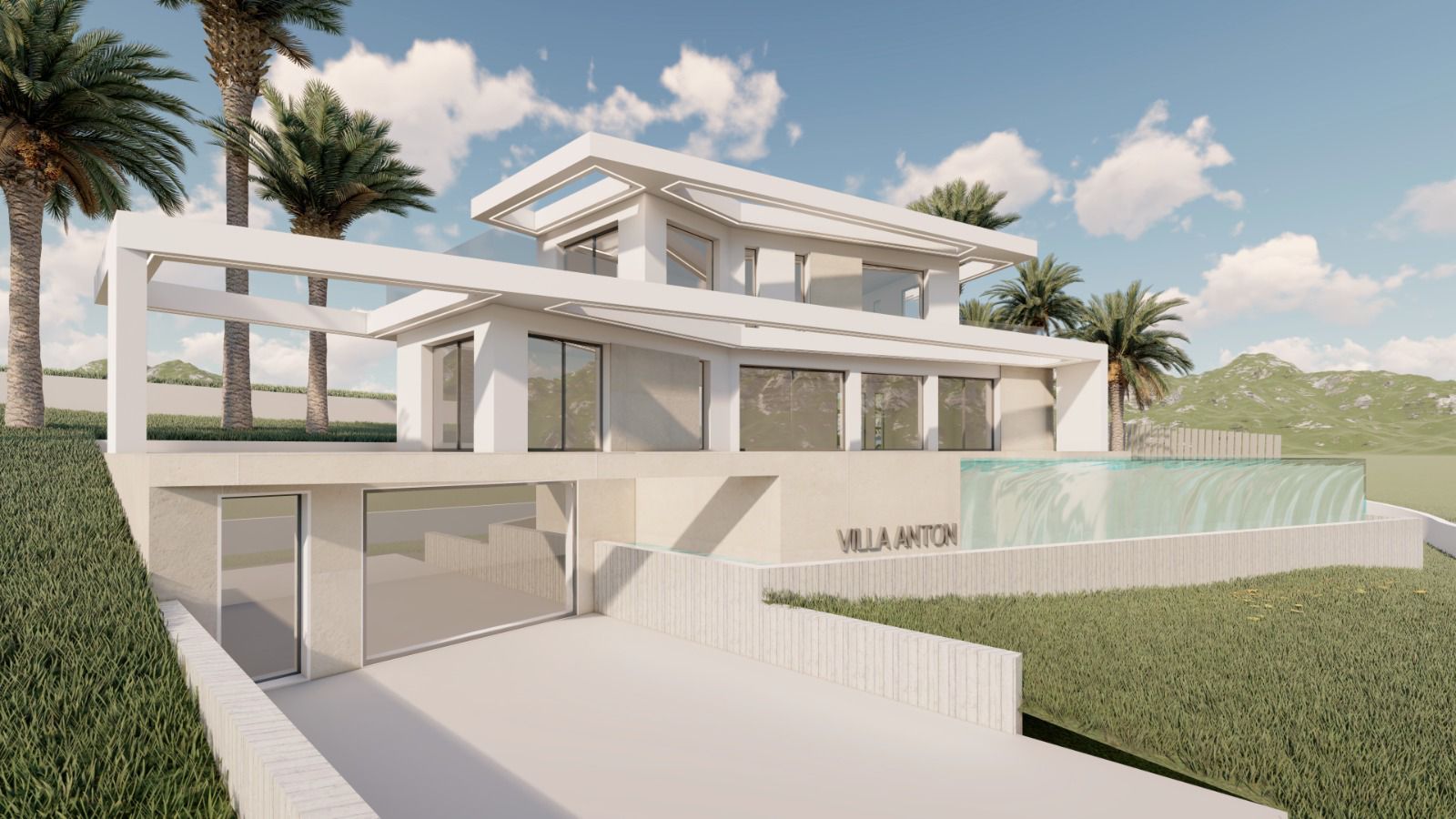 Moderne villa-exterieur met overloopzwembad en palmbomen, onder een blauwe lucht met wolken.