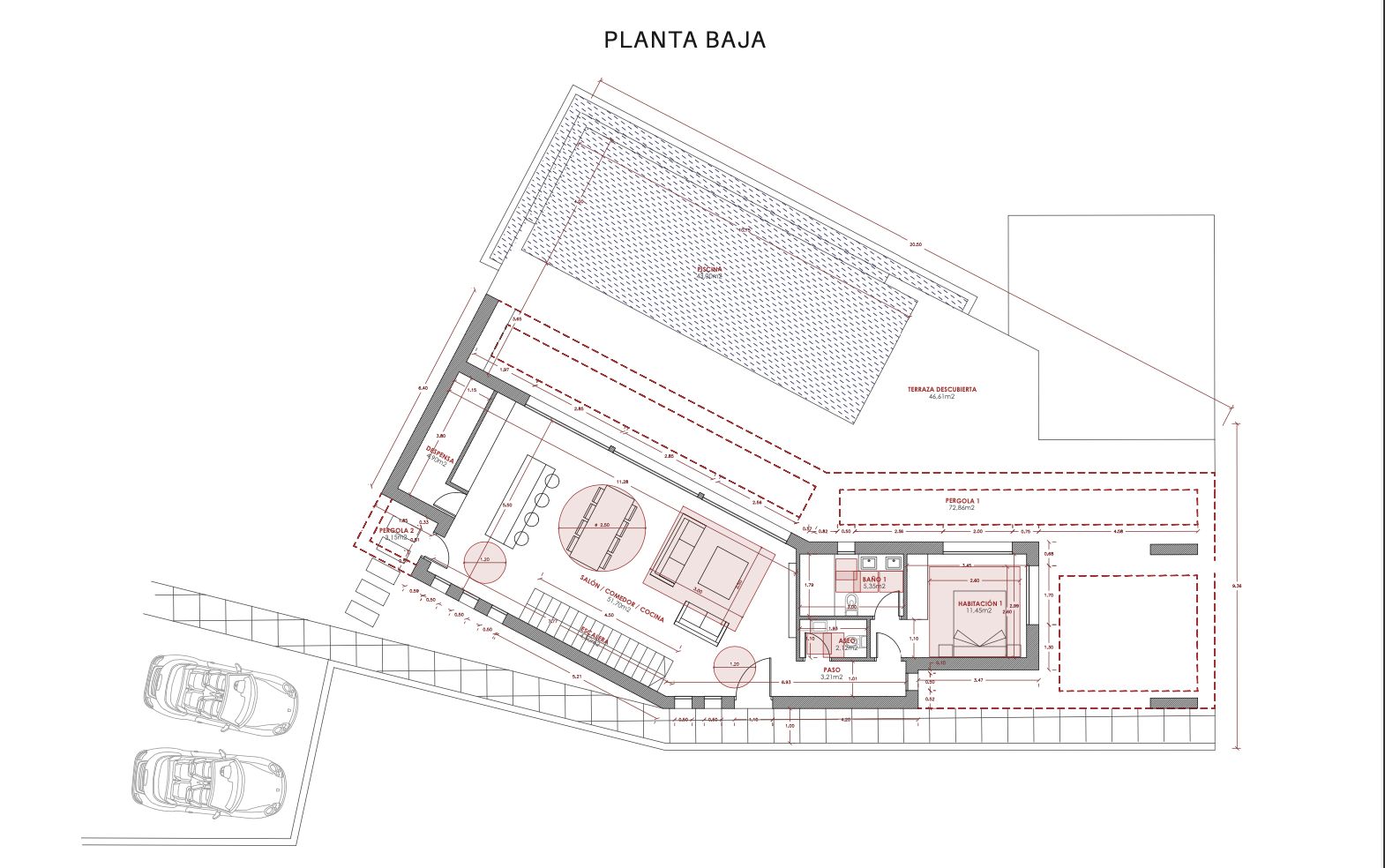 Plattegrond van de begane grond met de indeling van de woon-/eet-/keukenruimte, slaapkamer, badkamer en zwembad.
