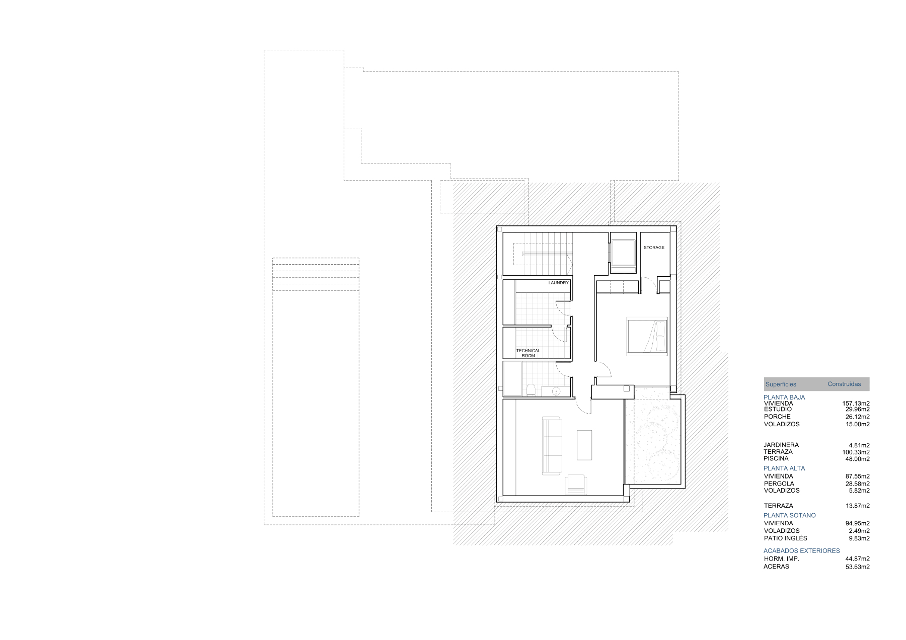 Gedetailleerde plattegrond van het souterrain met een wasruimte, technische ruimte, berging en een studio voorzien van een Engelse patio voor daglicht.