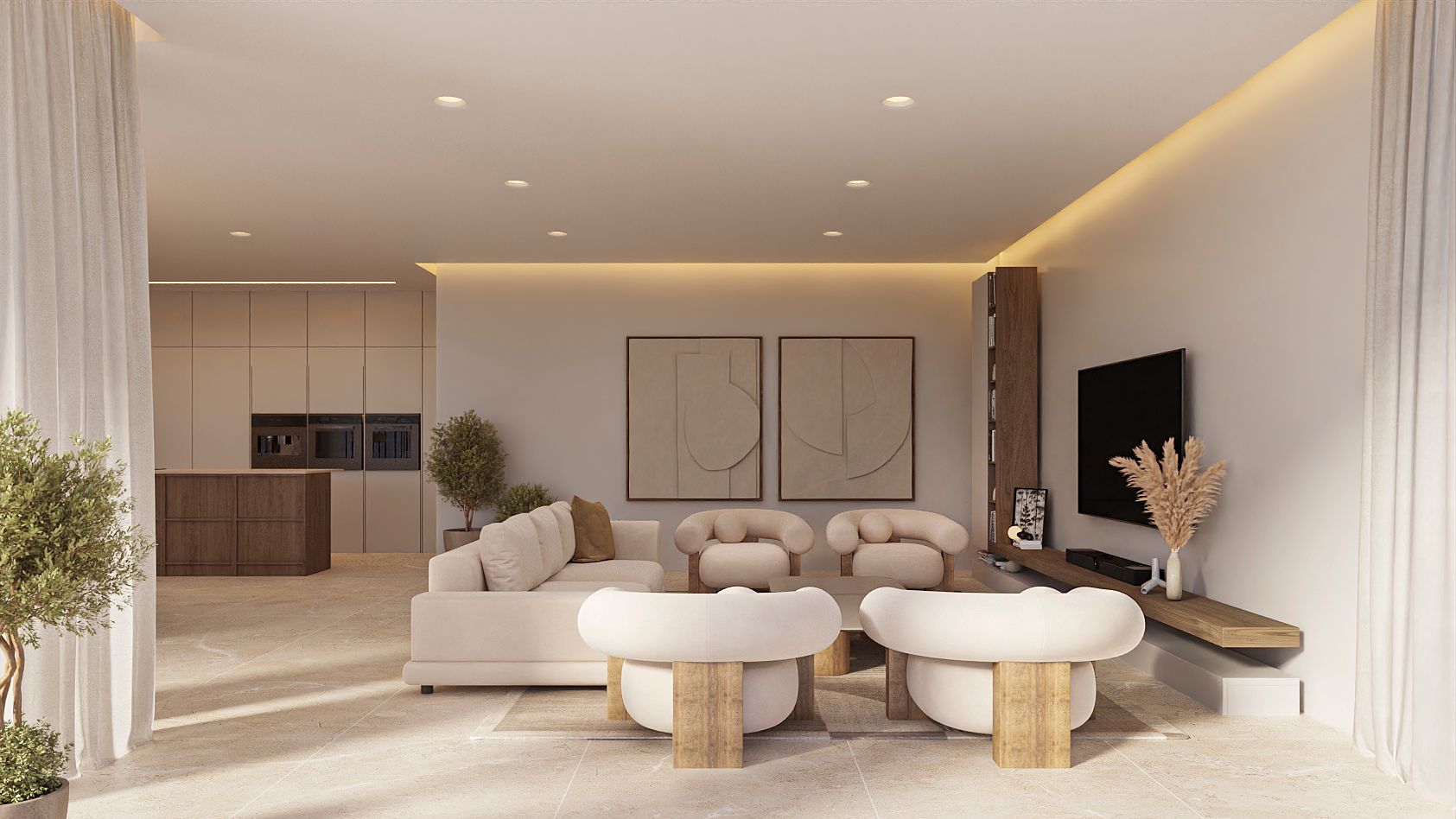 Open woonkamer met eigentijds meubilair in neutrale tinten, indirecte LED-verlichting en een geïntegreerde keuken met houten kookeiland.