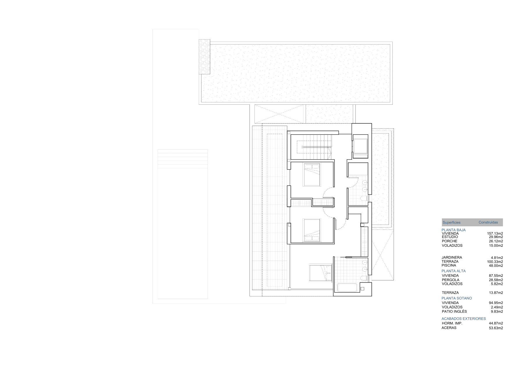 Technische architecturale plattegrond van de bovenverdieping met de indeling van slaapkamers en badkamers en een overzicht van oppervlaktes.