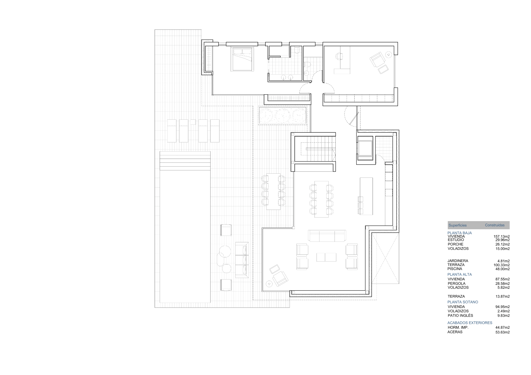 Technische plattegrond van de begane grond met indeling van woonkamer, keuken, slaapkamer en terras met zwembad, inclusief een overzicht van de oppervlaktes.