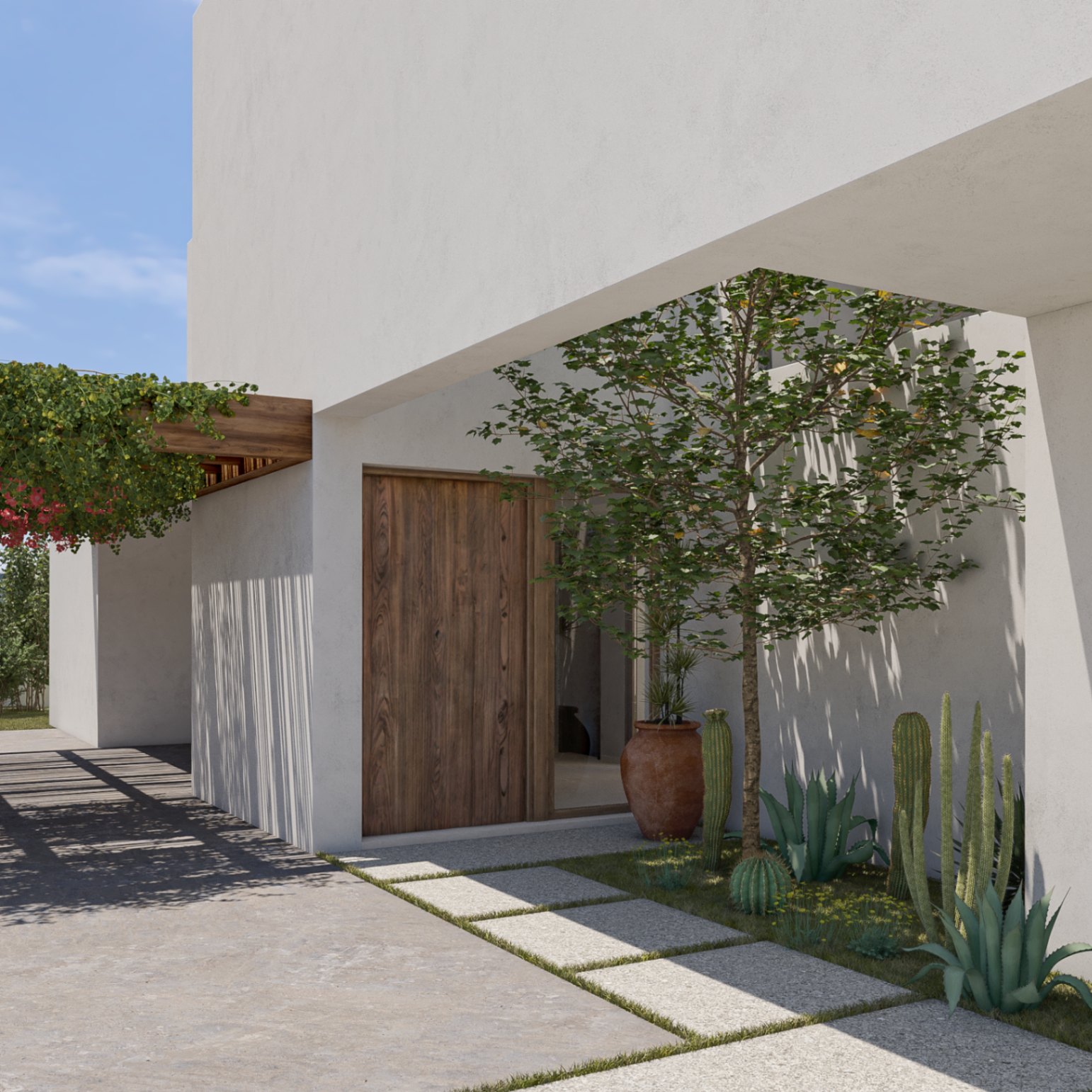 Moderne entree met houten deur en xeriscape beplanting.