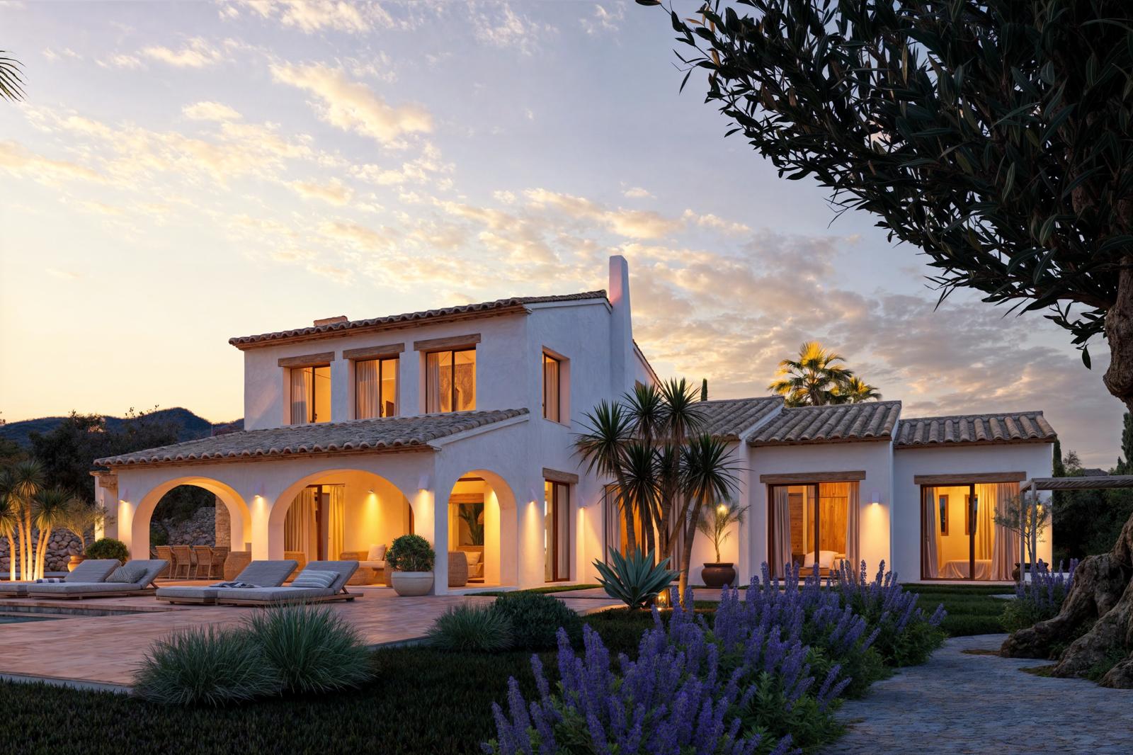 Exterieur van de mediterrane villa bij zonsondergang met witte gevels, traditionele bogen, terracotta tegels en een tuin met lavendel en olijfbomen.