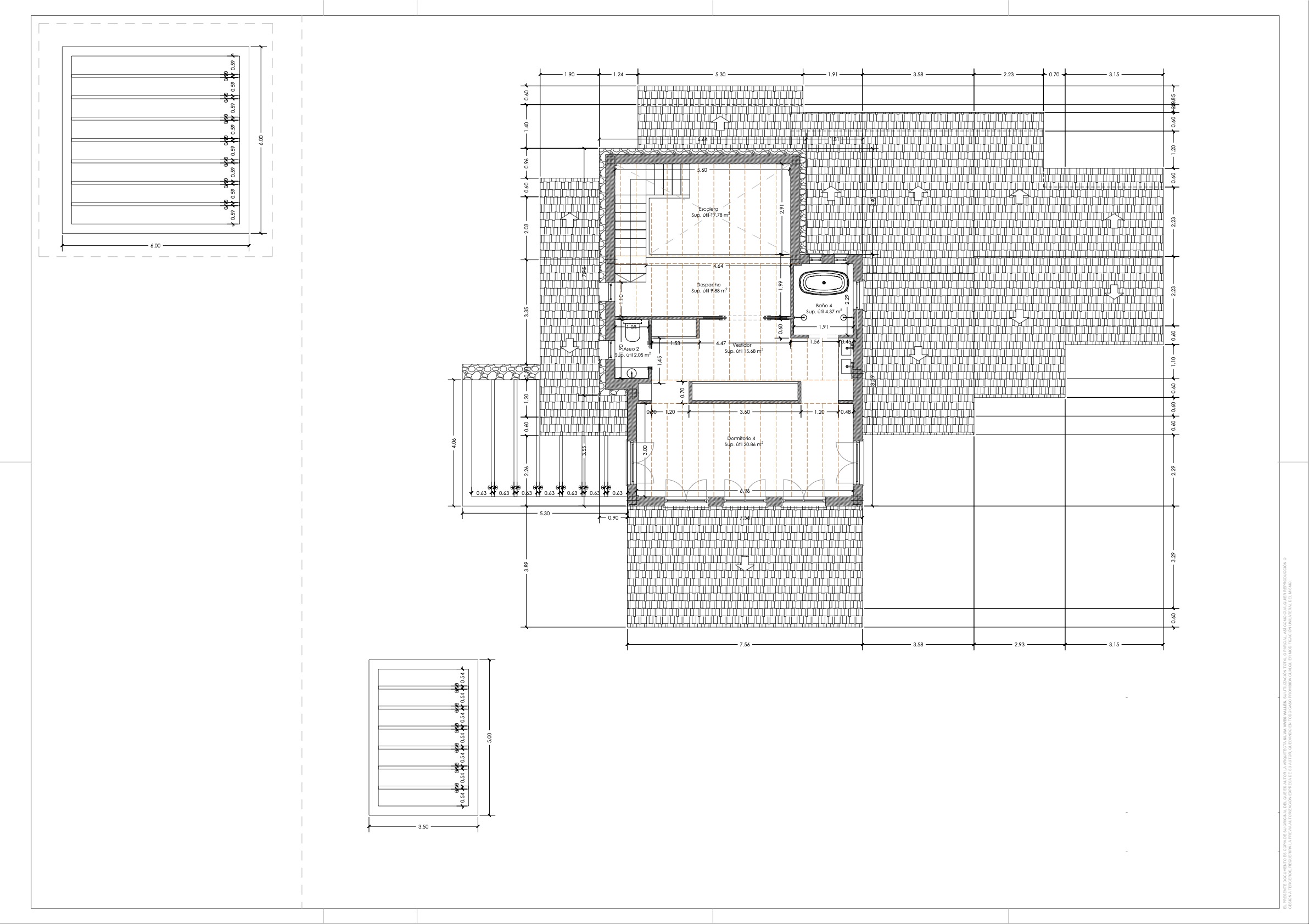 Gedetailleerde technische plattegrond van de bovenverdieping met de indeling van de vierde slaapkamer, inloopkast, en-suite badkamer, kantoor en dakterrassen.