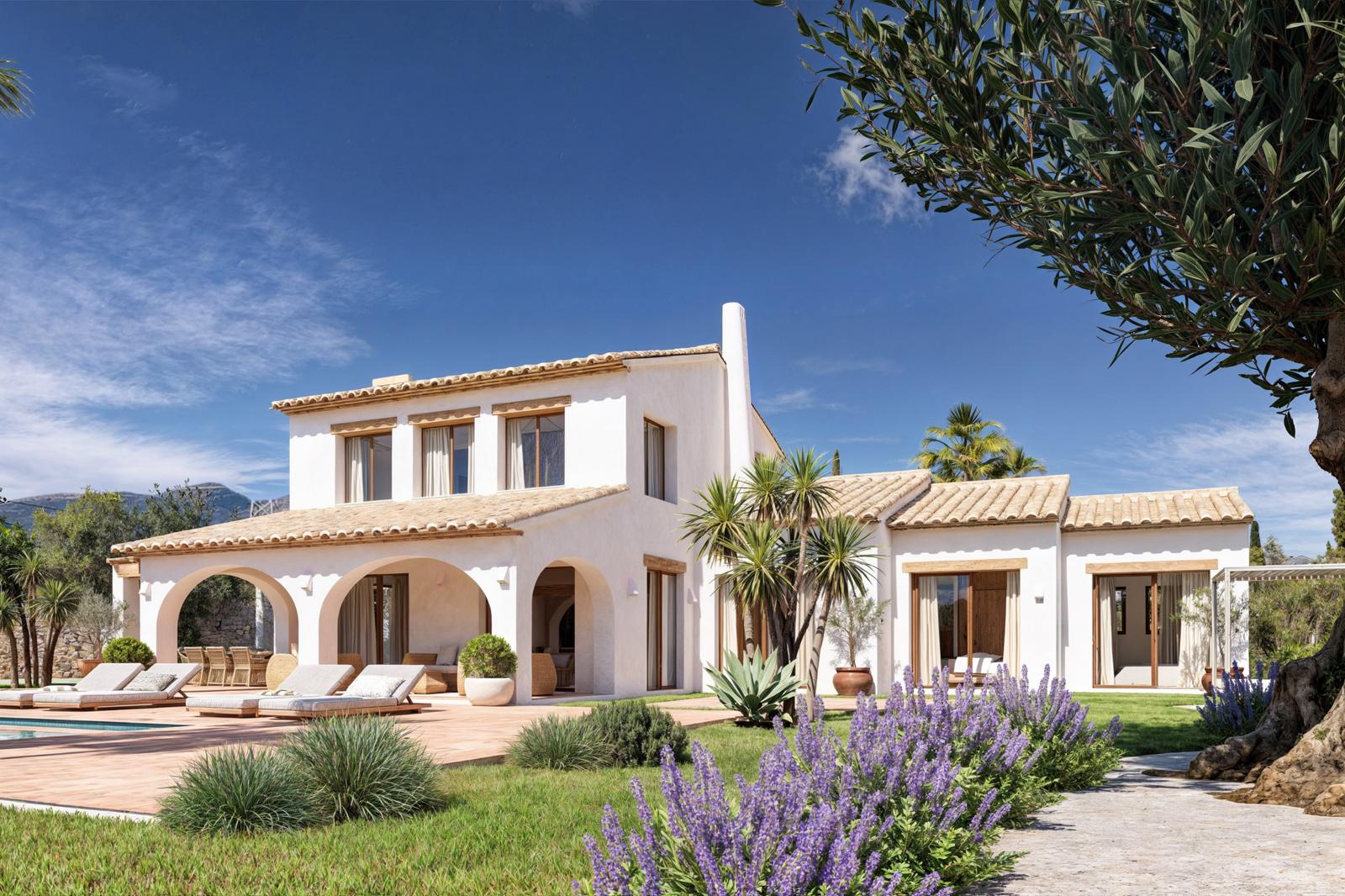 Mediterraan exterieur met traditionele bogen, tuinen met lavendel en olijfbomen, en een ruim terracotta terras grenzend aan het zwembad.