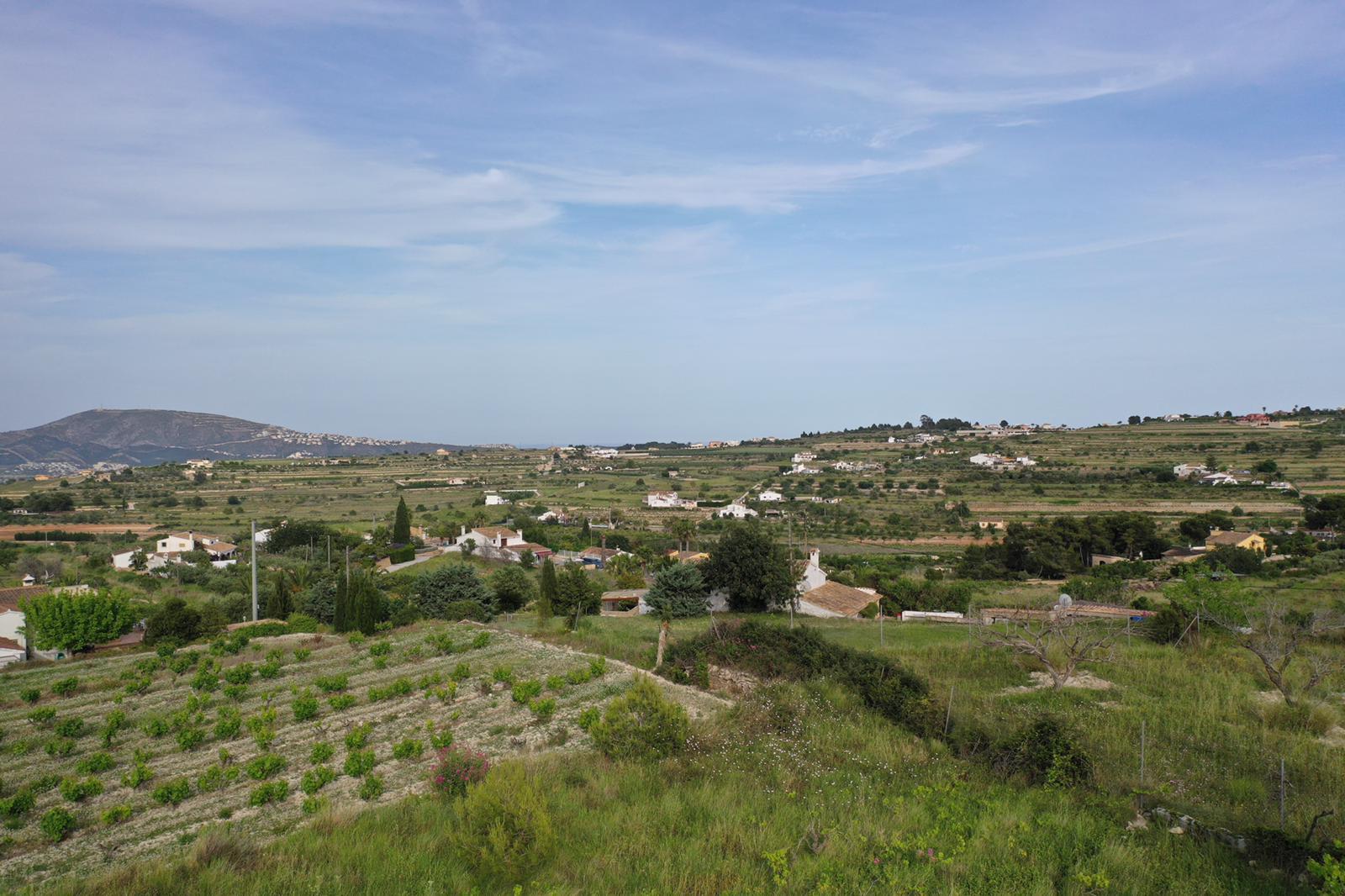 Panoramisch uitzicht op de moscatel-wijngaarden en het mediterrane landschap, met traditionele terrassen en bergen aan de horizon.