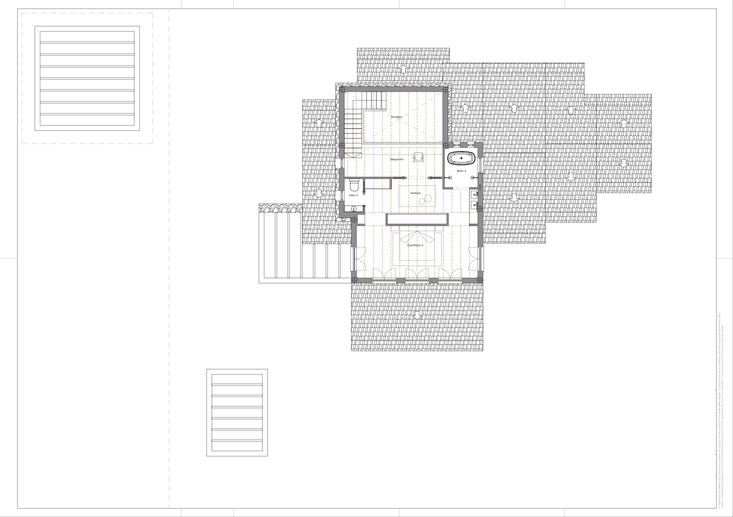 Technische plattegrond van de bovenverdieping met de indeling van slaapkamer 4, inloopkast, en-suite badkamer, werkkamer en trappenhuis.