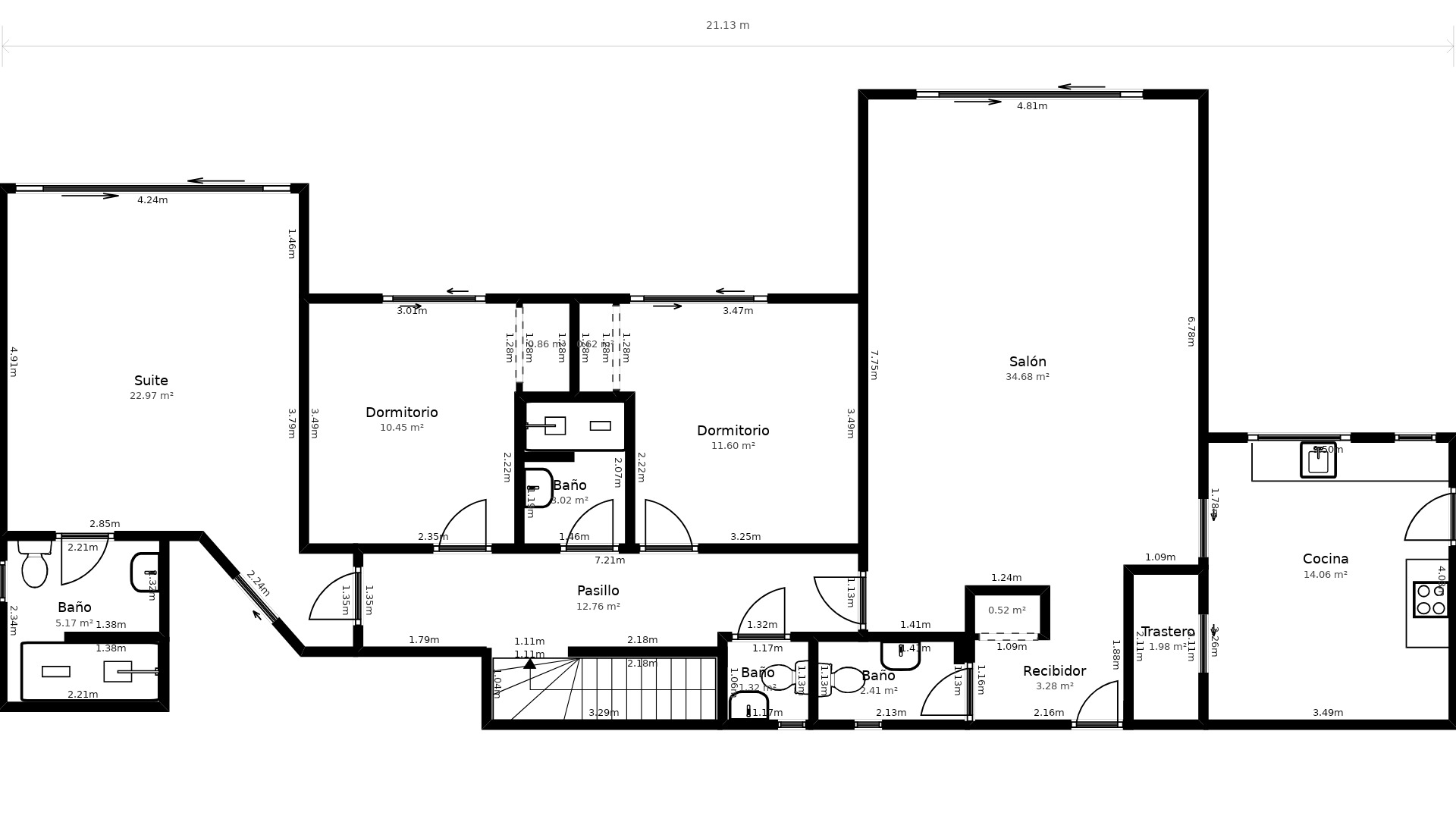 Gedetailleerde plattegrond van de hoofdverdieping met een woonkamer van 34 m², keuken, master suite en extra slaapkamers voorzien van exacte afmetingen.