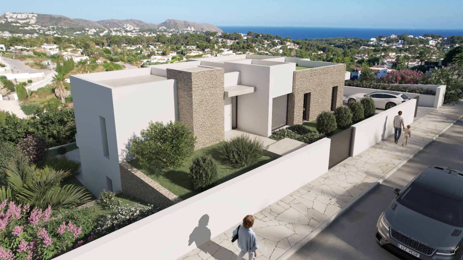 Buitenaanzicht van de villa met natuurstenen gevels, witte muren, privé parkeergelegenheid en panoramisch uitzicht op de Middellandse Zee vanaf het verhoogde perceel.