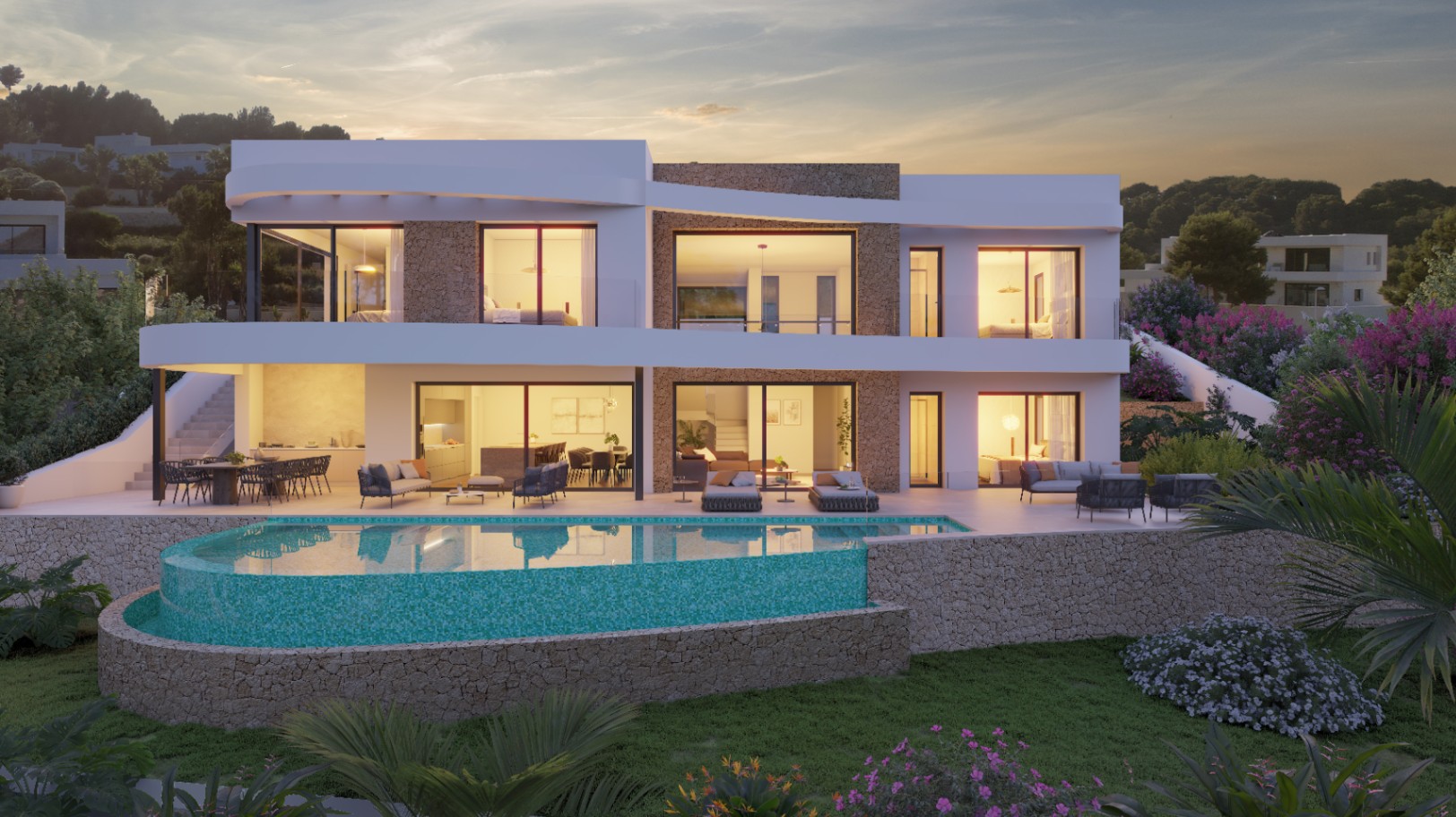 Exterieur van de moderne villa met natuurstenen gevel, organisch gevormd overloopzwembad en verlichte terrassen bij zonsondergang.