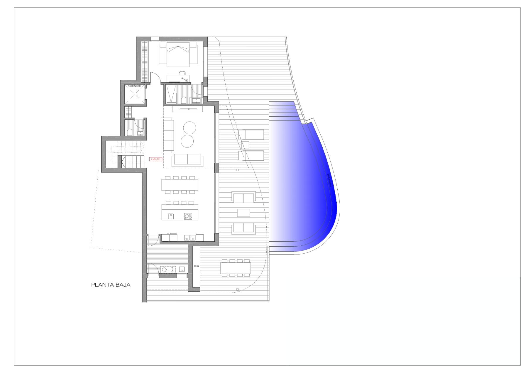 Technische plattegrond van de begane grond met de open woonruimte, keuken met eiland, slaapkamer en-suite en het grote terras met een organisch gevormd zwembad.