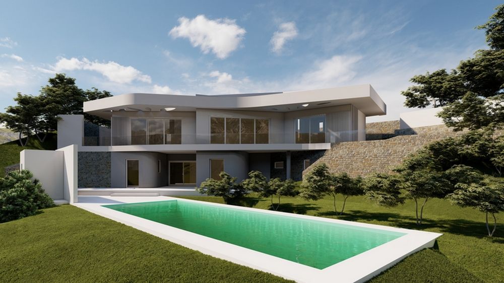 Buitenaanzicht van de villa met witte gevel, natuurstenen muren en een rechthoekig zwembad gelegen in een gazon met inheemse beplanting.