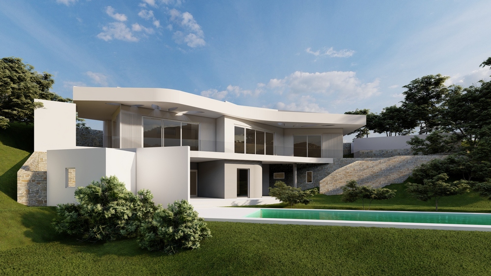 Exterieur van de moderne villa met witte gevels, gebogen daklijnen en grote glazen schuifdeuren. De tuin beschikt over een rechthoekig zwembad en terrassen met natuurstenen muren.