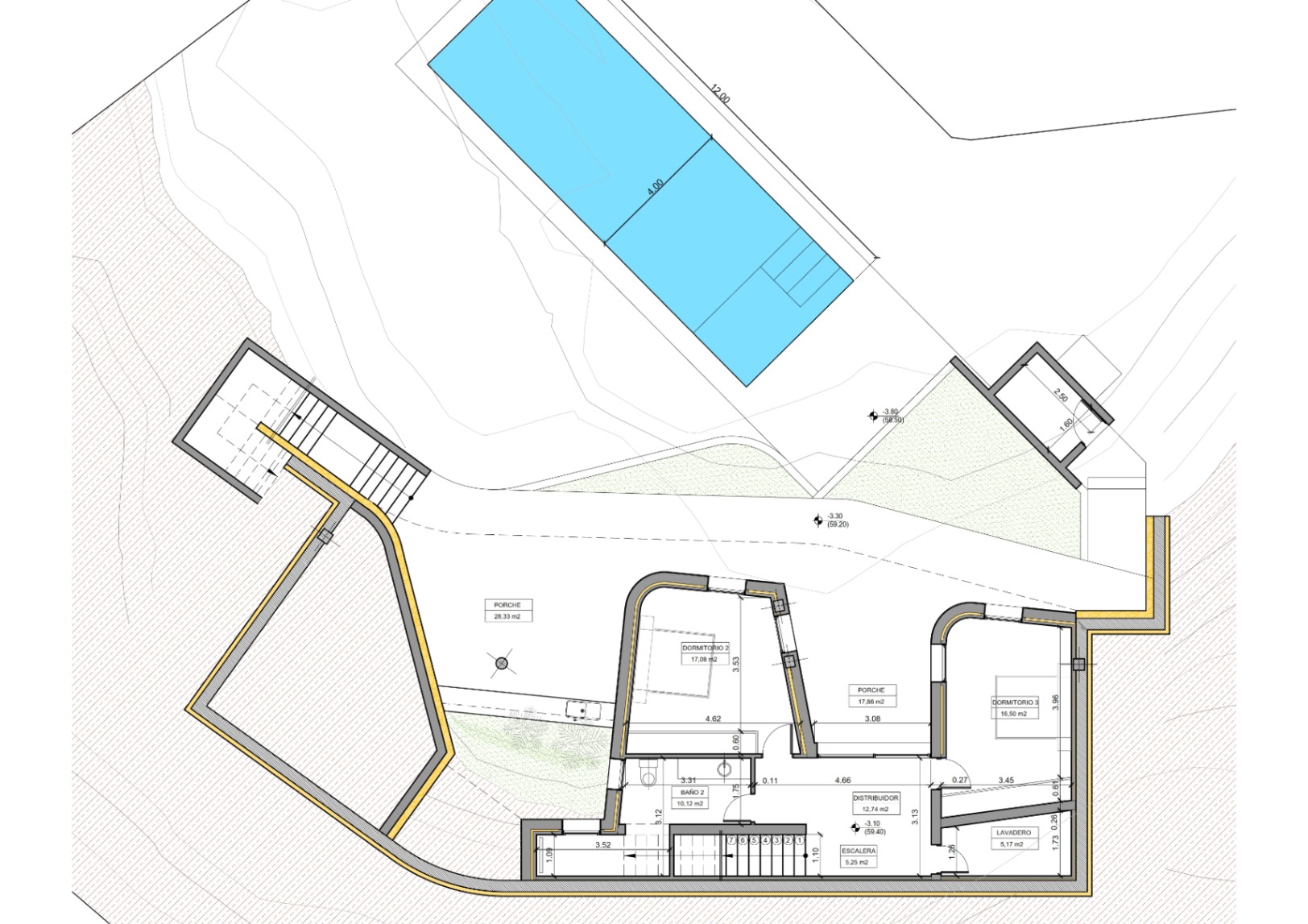 Technische plattegrond van de benedenverdieping met twee slaapkamers, badkamer, wasruimte en overdekte veranda's bij het zwembad van 12x4 meter.