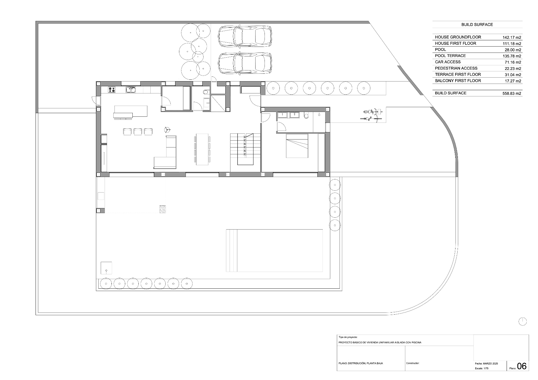 Gedetailleerde technische plattegrond van de begane grond met de indeling van de open woonkamer, keuken, slaapkamer en suite en het ruime terras met zwembad.
