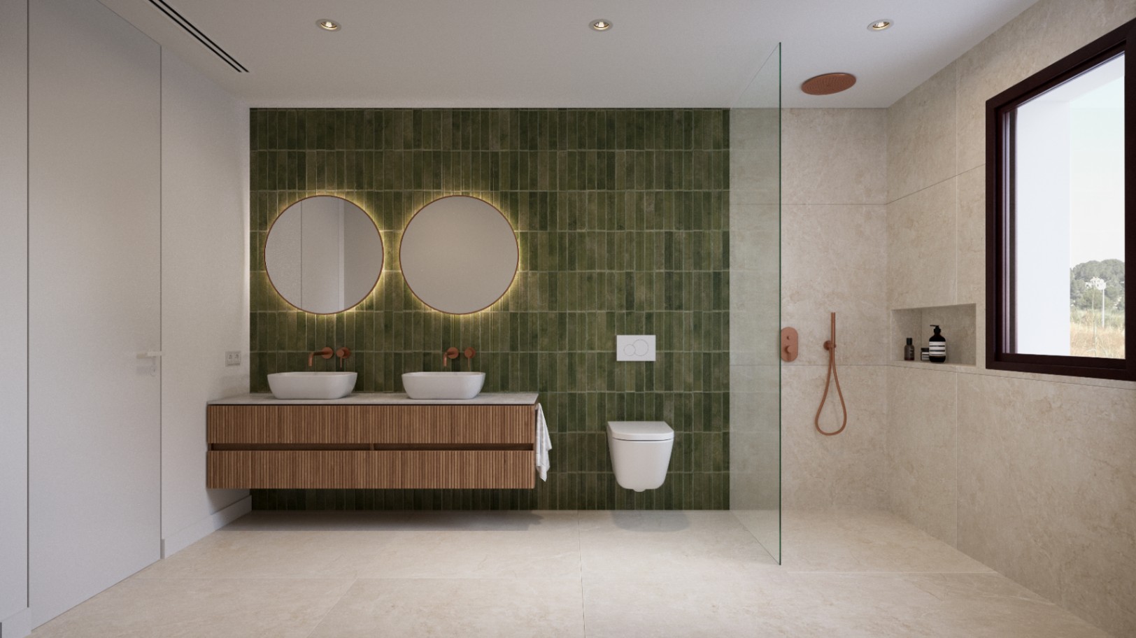 Moderne badkamer met een groene betegelde accentmuur, dubbele wastafel op een houten lattenmeubel en een inloopdouche met koperen kranen en glazen wand.
