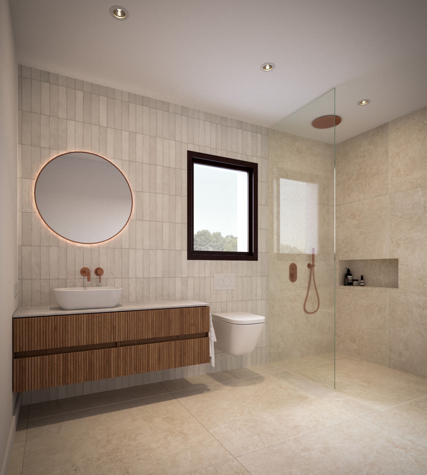 Moderne badkamer met zwevend houten meubel, koperen kranen en een verlichte ronde spiegel. Voorzien van een inloopdouche met glazen wand en natuurstenen tegels.
