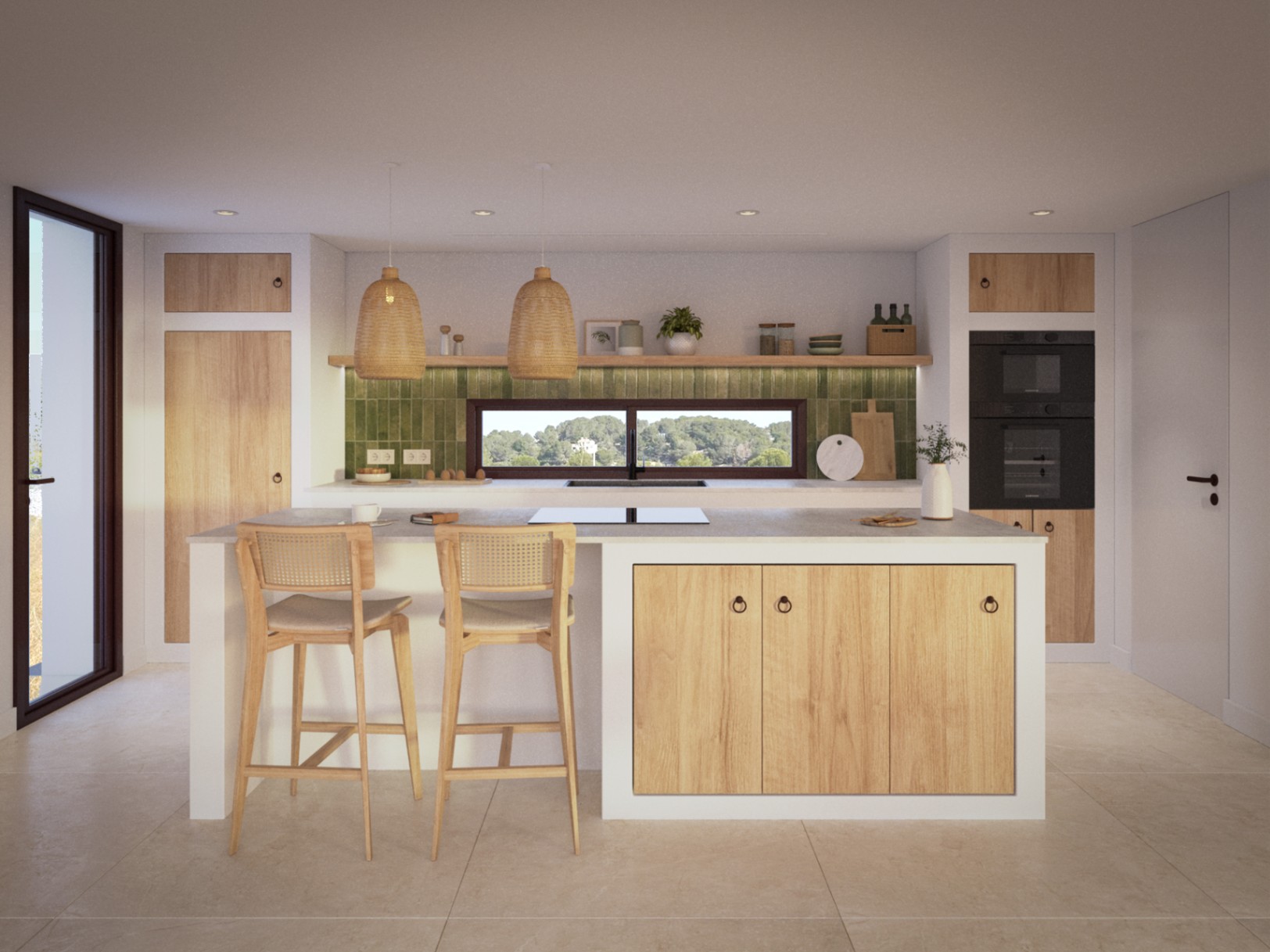 Open keuken met kookeiland, eikenhouten kasten en groene wandtegels. Een horizontaal panoramavenster biedt natuurlijk licht en uitzicht op het omliggende landschap.