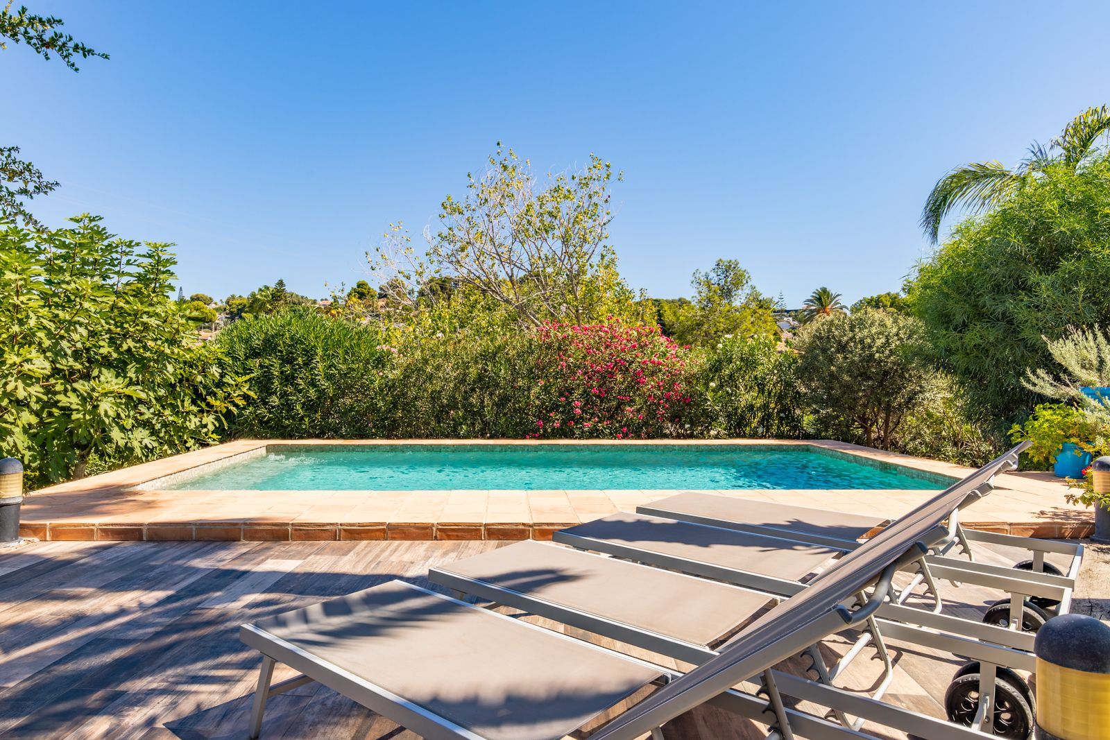 Privézwembad met een terras van keramische tegels met houtlook, moderne ligbedden en een volgroeide mediterrane tuin.