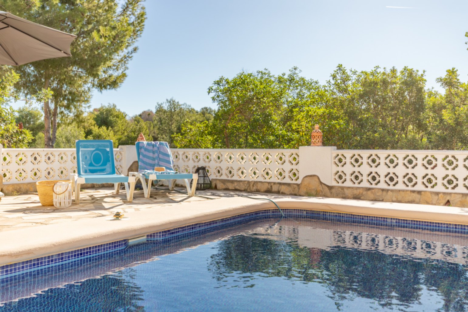 Blauw betegeld zwembad met een natuurstenen terras, omgeven door een witte decoratieve muur en volwassen mediterrane beplanting voor optimale privacy.