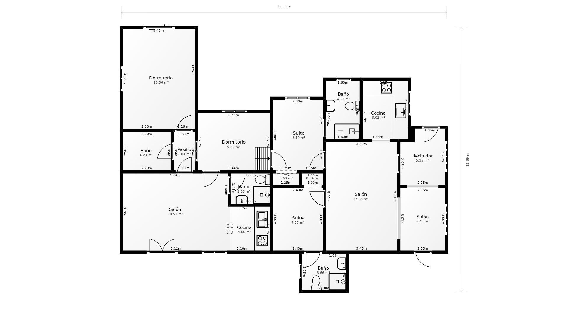 Gedetailleerde plattegrond van de binnenindeling met de hoofdwoning, het onafhankelijke appartement en de exacte afmetingen van alle kamers en ruimtes.