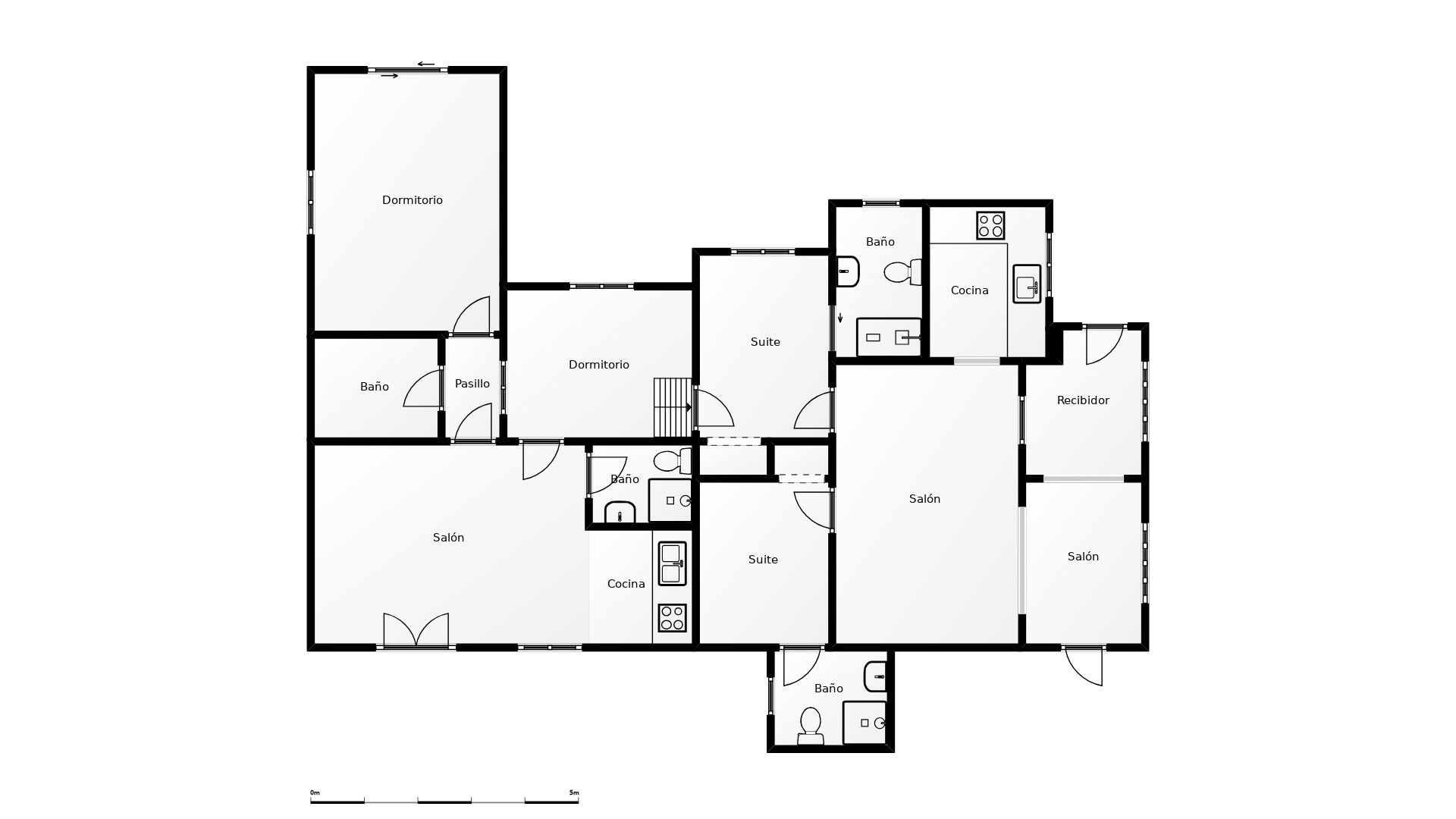 Gedetailleerde plattegrond van de villa met de indeling van de vier slaapkamers, woonkamers, keukens en badkamers, inclusief het gastenverblijf.