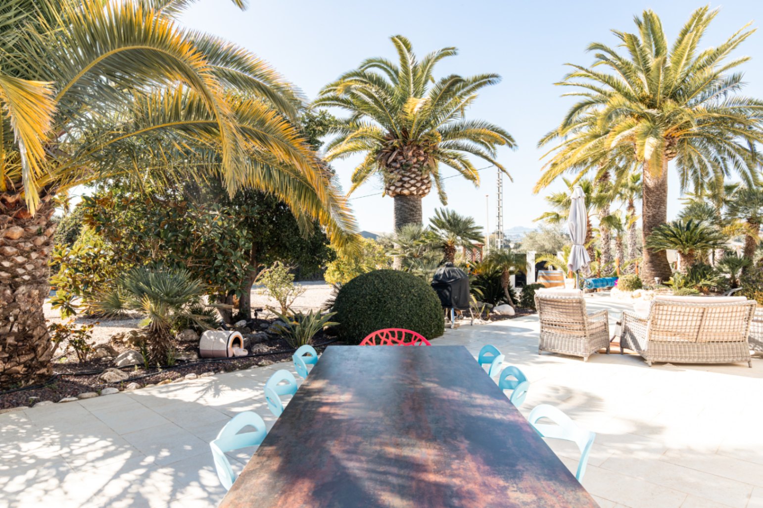 Buitenterras met een grote eettafel en moderne stoelen, omringd door volwassen palmbomen en een zithoek met rotan banken in een verzorgde mediterrane tuin.