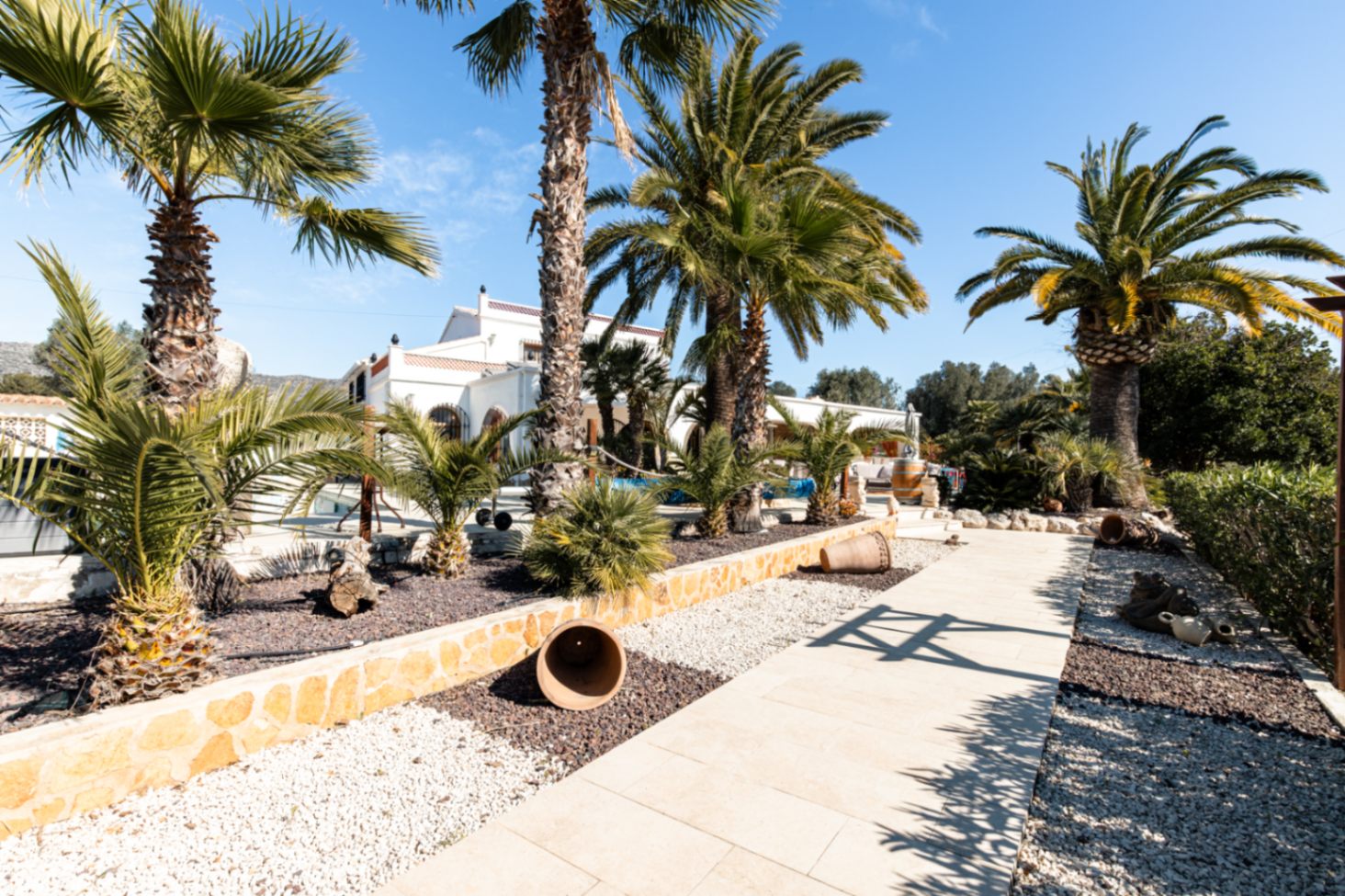 Een licht betegeld pad loopt door een aangelegde tuin met grind, volwassen palmbomen en decoratieve terracotta potten richting de witte mediterrane villa.
