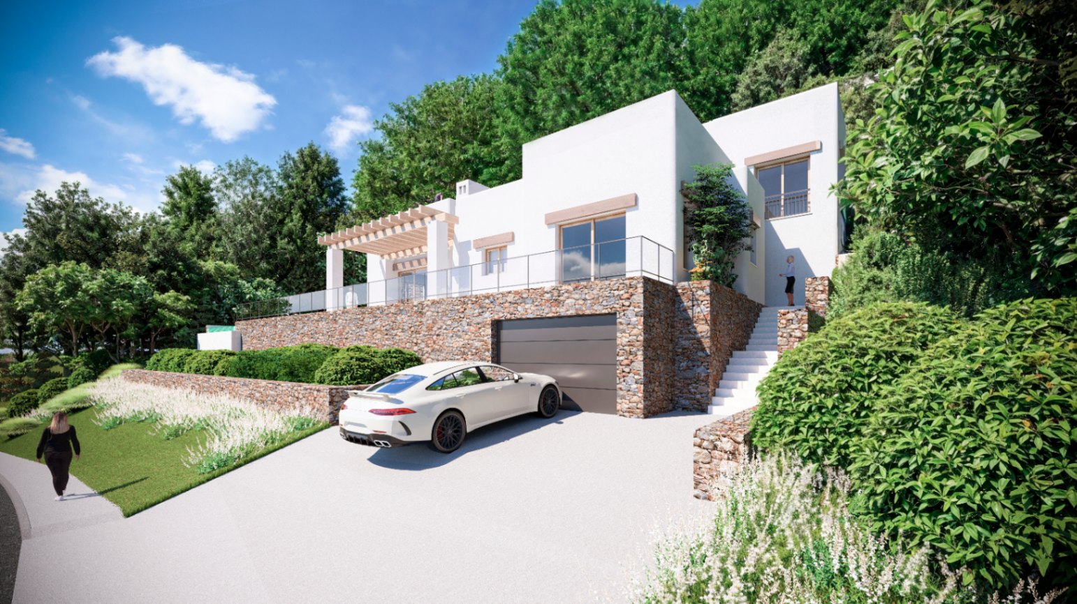 Buitenaanzicht van de villa met witte gevel, natuurstenen muren, geïntegreerde garage en een terras met houten pergola omgeven door groen.