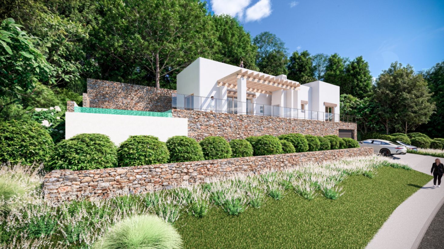Externe weergave met natuurstenen muren, een boventerras met houten pergola en een geïntegreerd zwembad omgeven door weelderig groen.