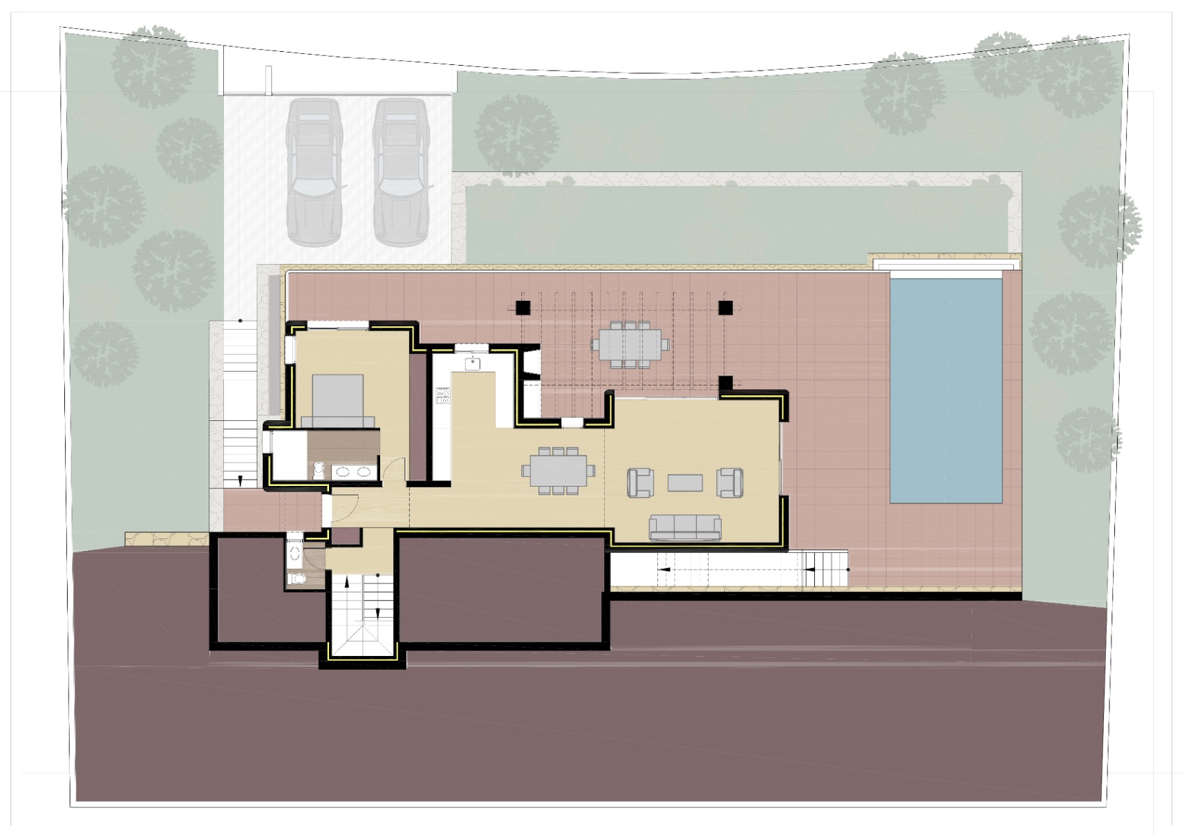 Gedetailleerde plattegrond van de begane grond met open woonkamer, keuken, slaapkamer met badkamer en suite, ruim terras met zwembad en dubbele parkeerplaats.
