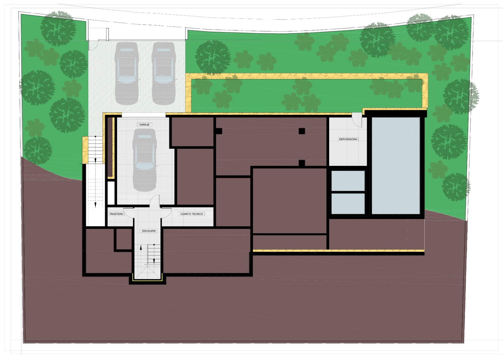 Technische plattegrond van het souterrain met privégarage, berging, technische ruimte en zwembadinstallatie, omgeven door de tuinindeling.