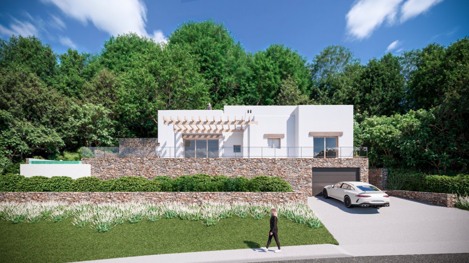 Villa in Ibiza-stijl met witte gevels, natuurstenen muren, een houten pergola en een geïntegreerde garage onder het terras met glazen balustrades.