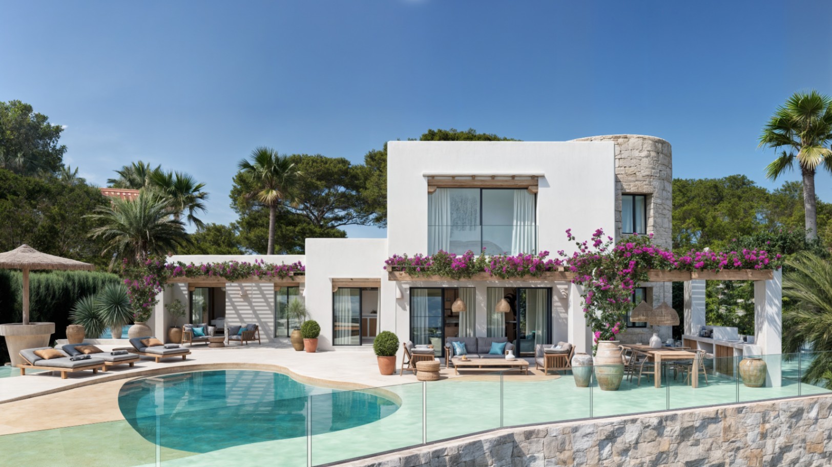 Exterieur van een Ibiza-villa met niervormig zwembad, stenen toren en houten pergola's met bougainvillea, inclusief een eethoek buiten en een zomerkeuken.
