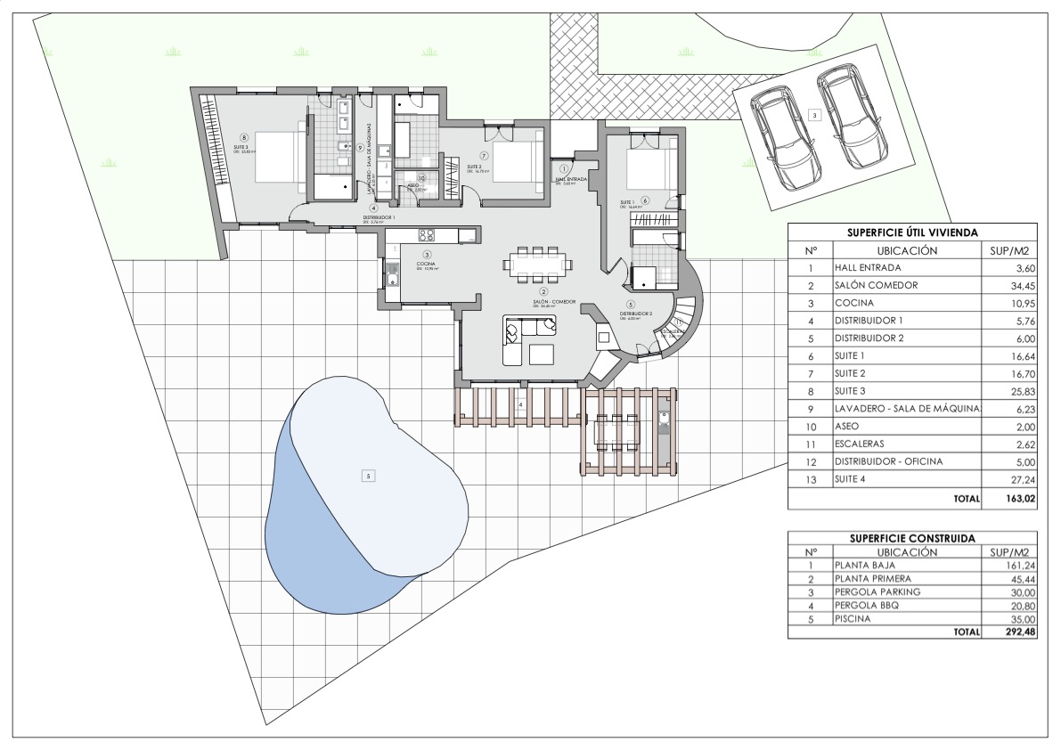 Gedetailleerde plattegrond van de begane grond met drie slaapkamers en-suite, open woon-eetkamer en buitenruimte met zwembad en pergola.