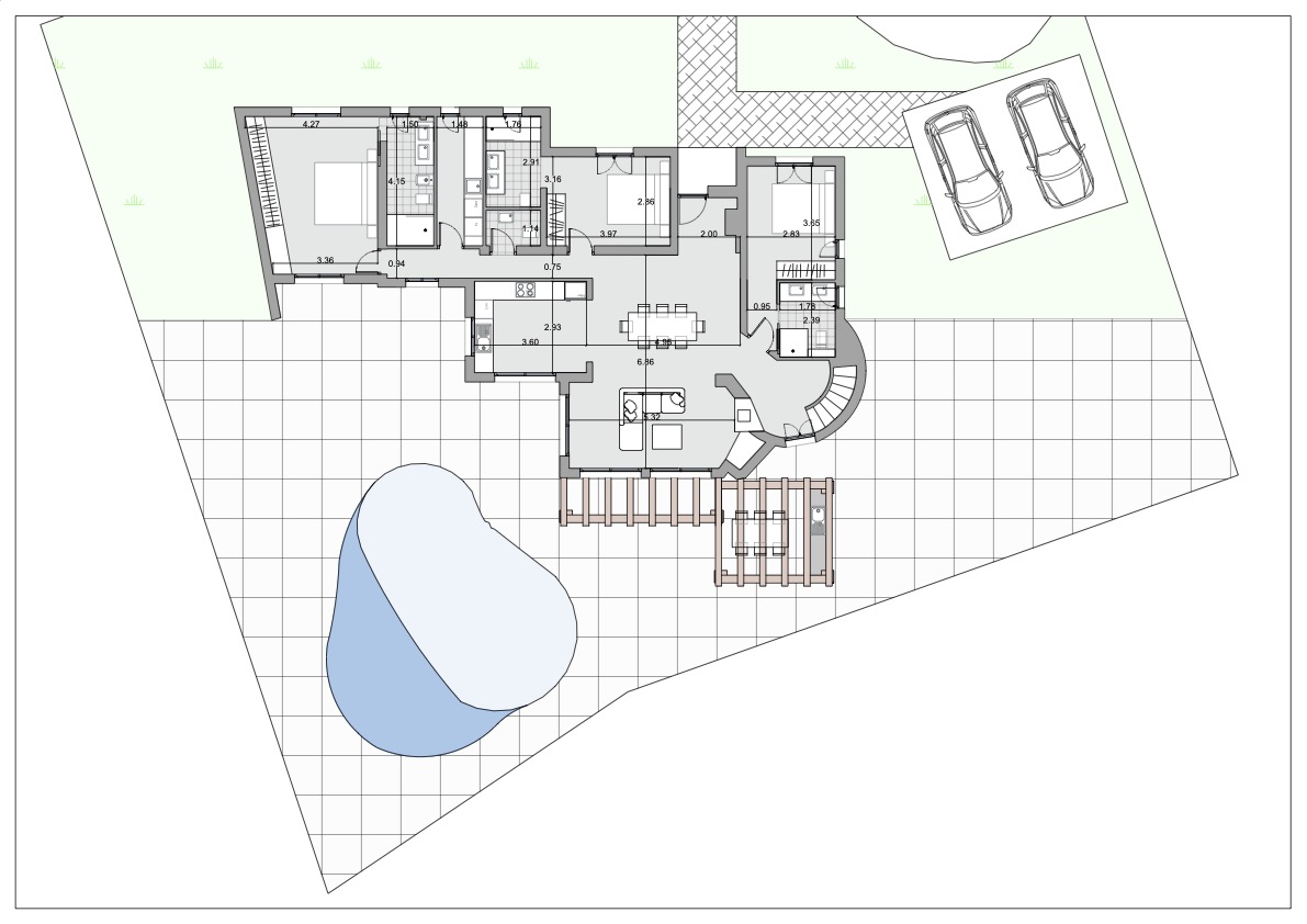 Gedetailleerde plattegrond van de begane grond met vier slaapkamers met eigen badkamer, open leefruimte en terras met zwembad en buitenkeuken.